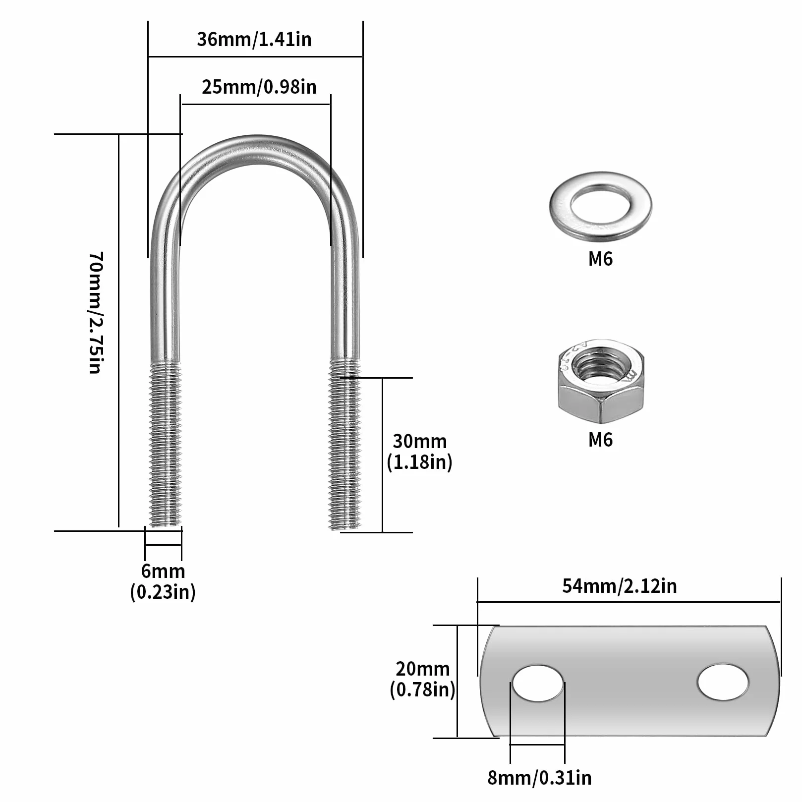 Bulloni a U Quadrato M6 Acciaio Inox 6 Pezzi con Piastra e Rondelle, 70x25mm per Tubo
