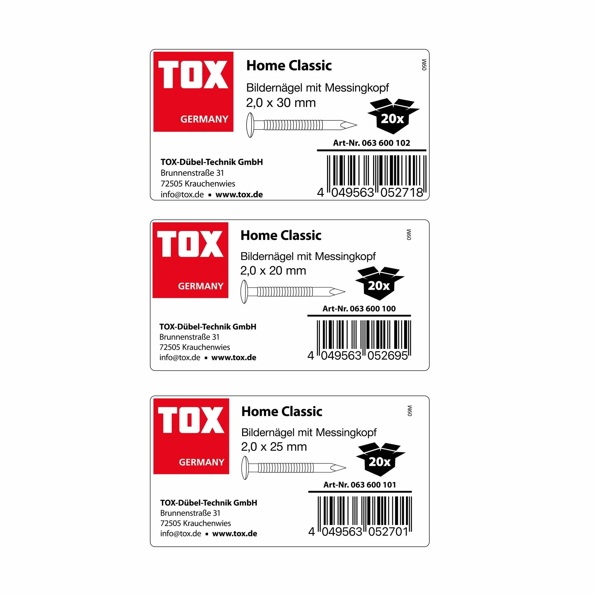 Chiodi per quadri TOX Home Classic 3 misure 2,0x25/30/50 mm acciaio temprato testa ottone martello 300 g 20 pezzi ciascuno