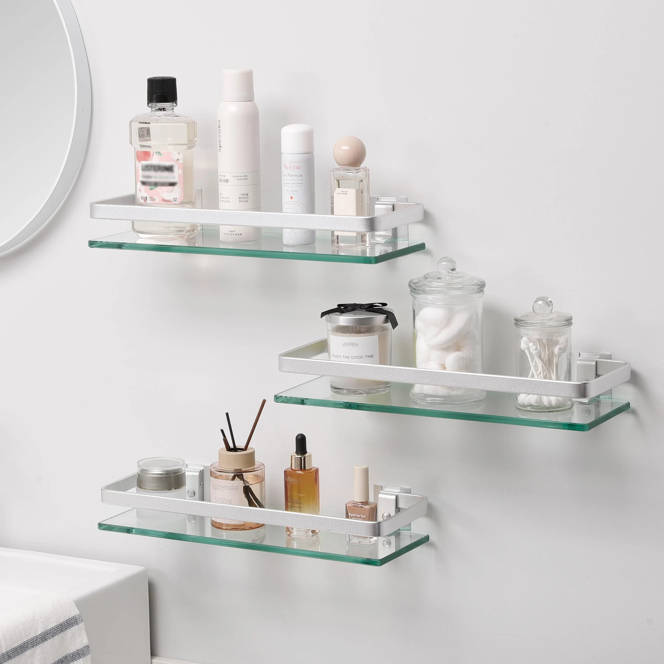 Mensola in Vetro Temperato 8 mm per Bagno Parete Galleggiante Ripiano 3 Pezzi