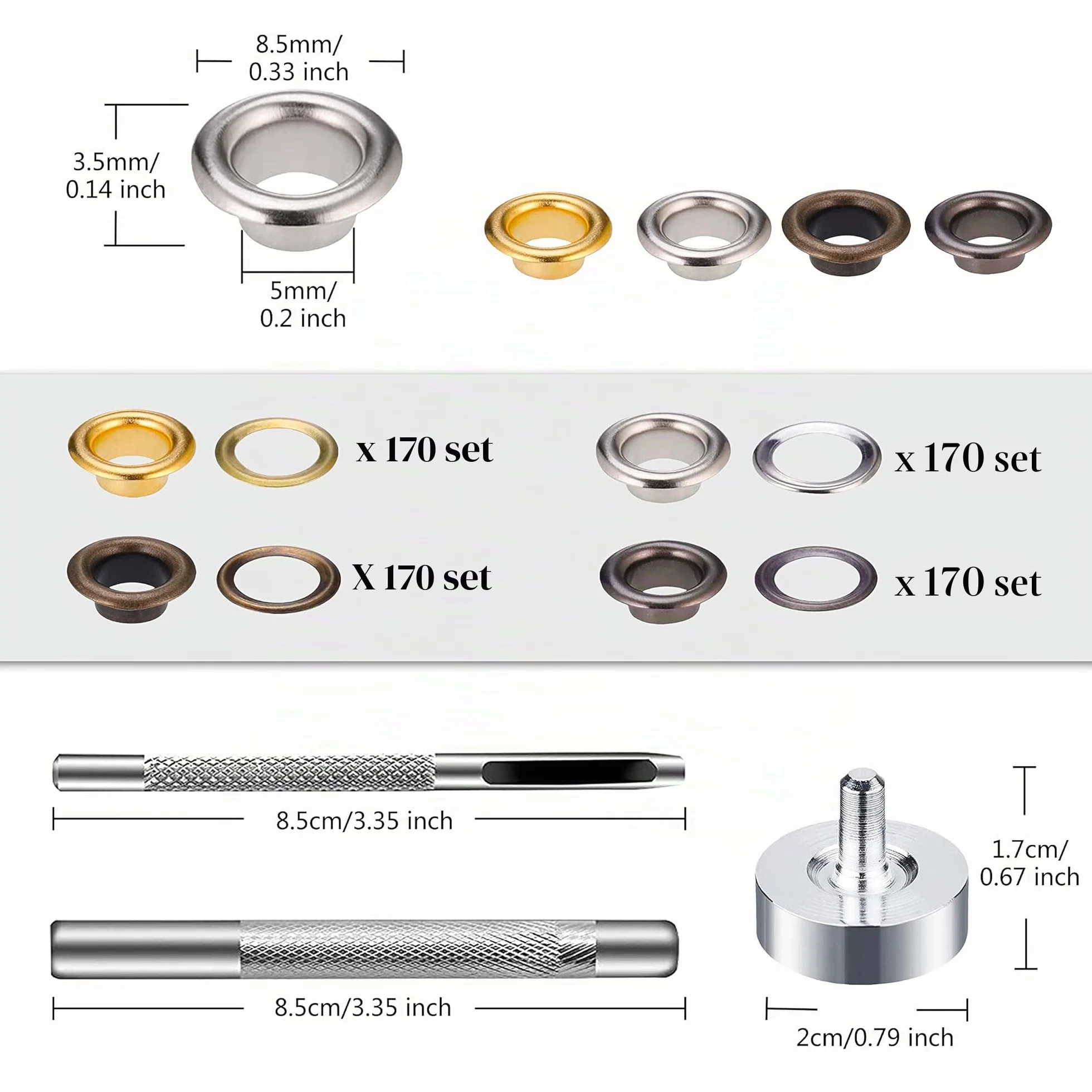 Occhielli Metallici 5mm 4 Colori 680 Set con Strumenti per Tela Borse Teloni