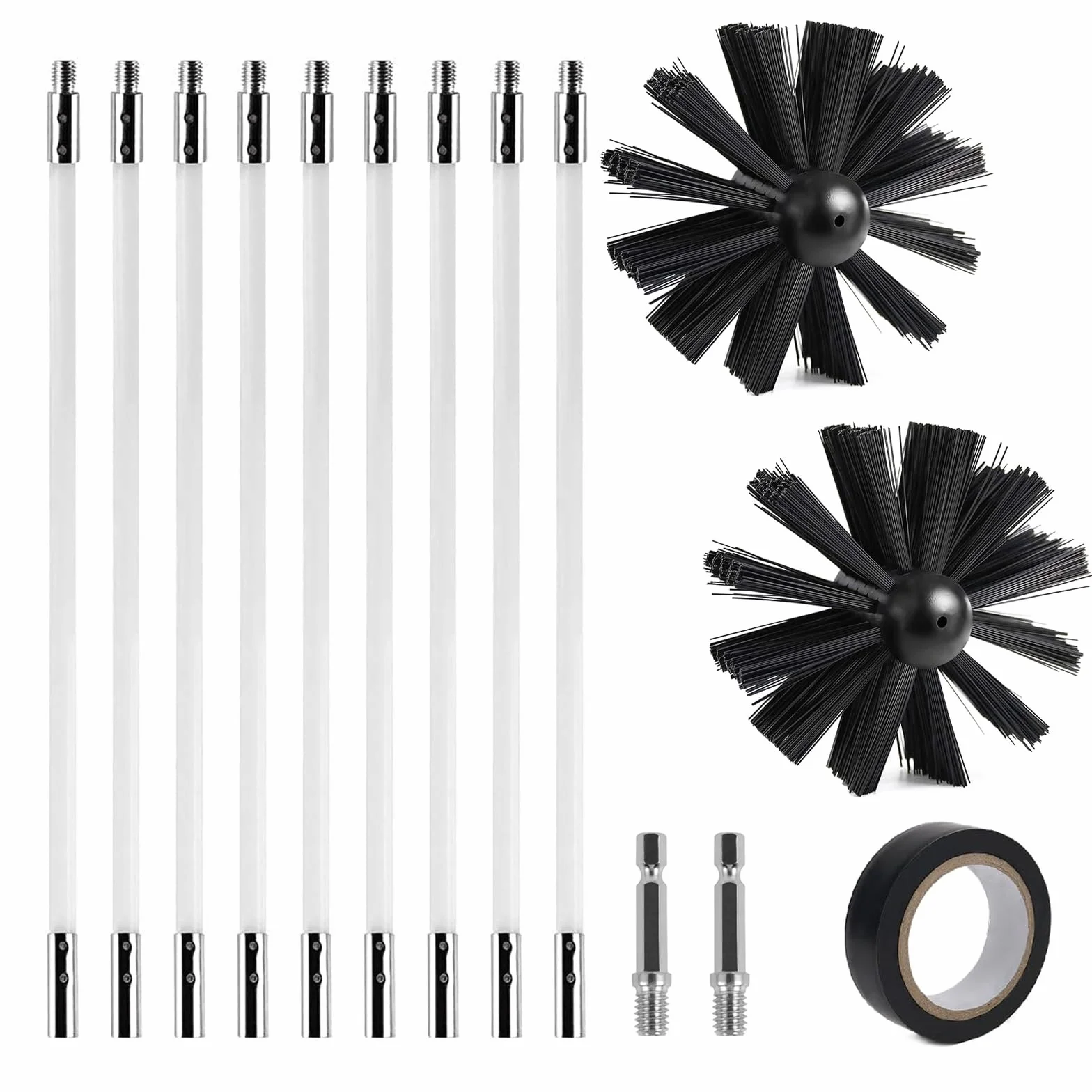 Spazzola Pulizia Camino 150mm con 9 Aste in Nylon 410mm e 2 Testine, Nylon Rotante Flessibile