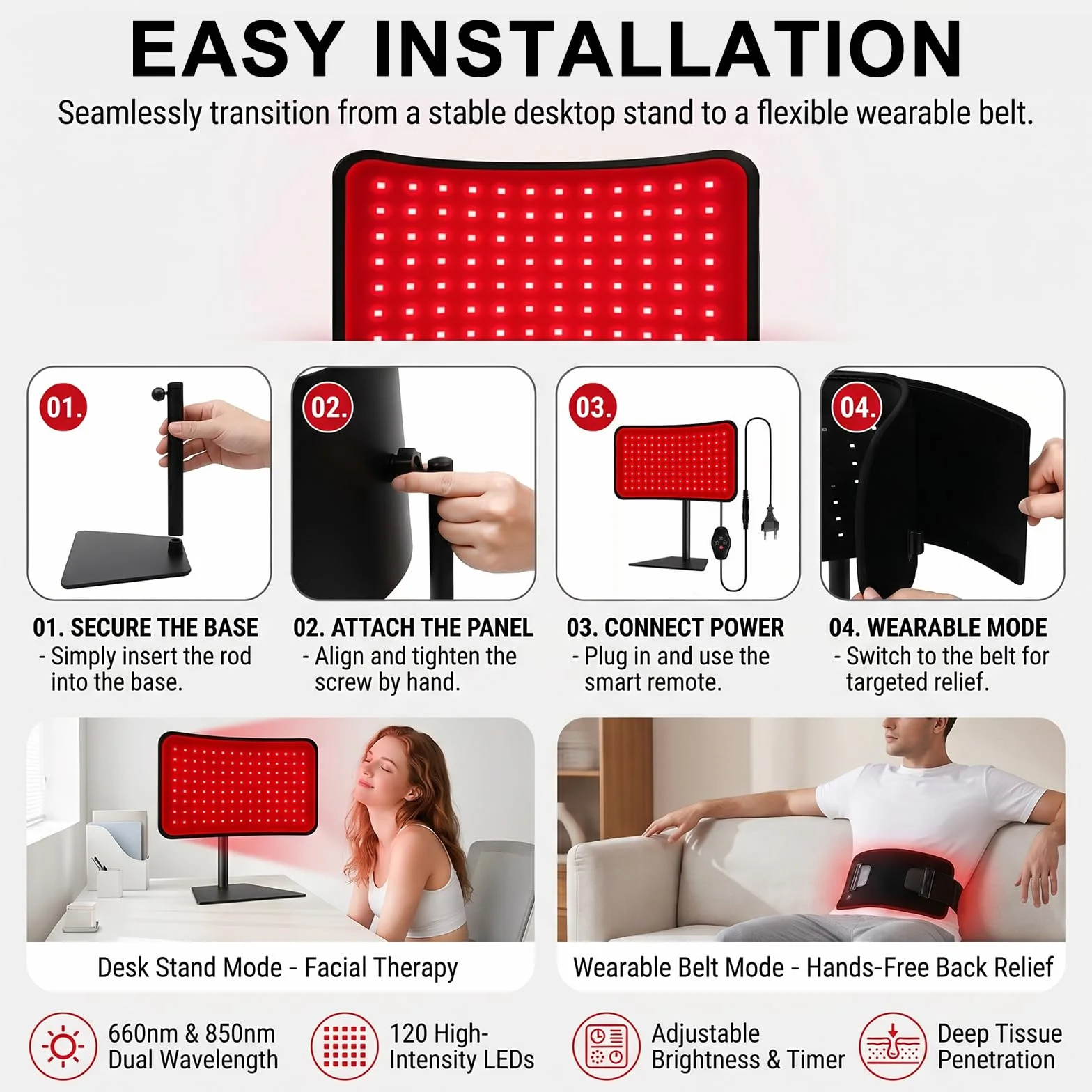 Terapia della luce rossa per viso e corpo, pannello 2 in 1 con cinghia, lampada per terapia a infrarossi vicini da 660 nm e 850 nm, con telecomando, 5 livelli di luminosità e timer, regalo per donne e