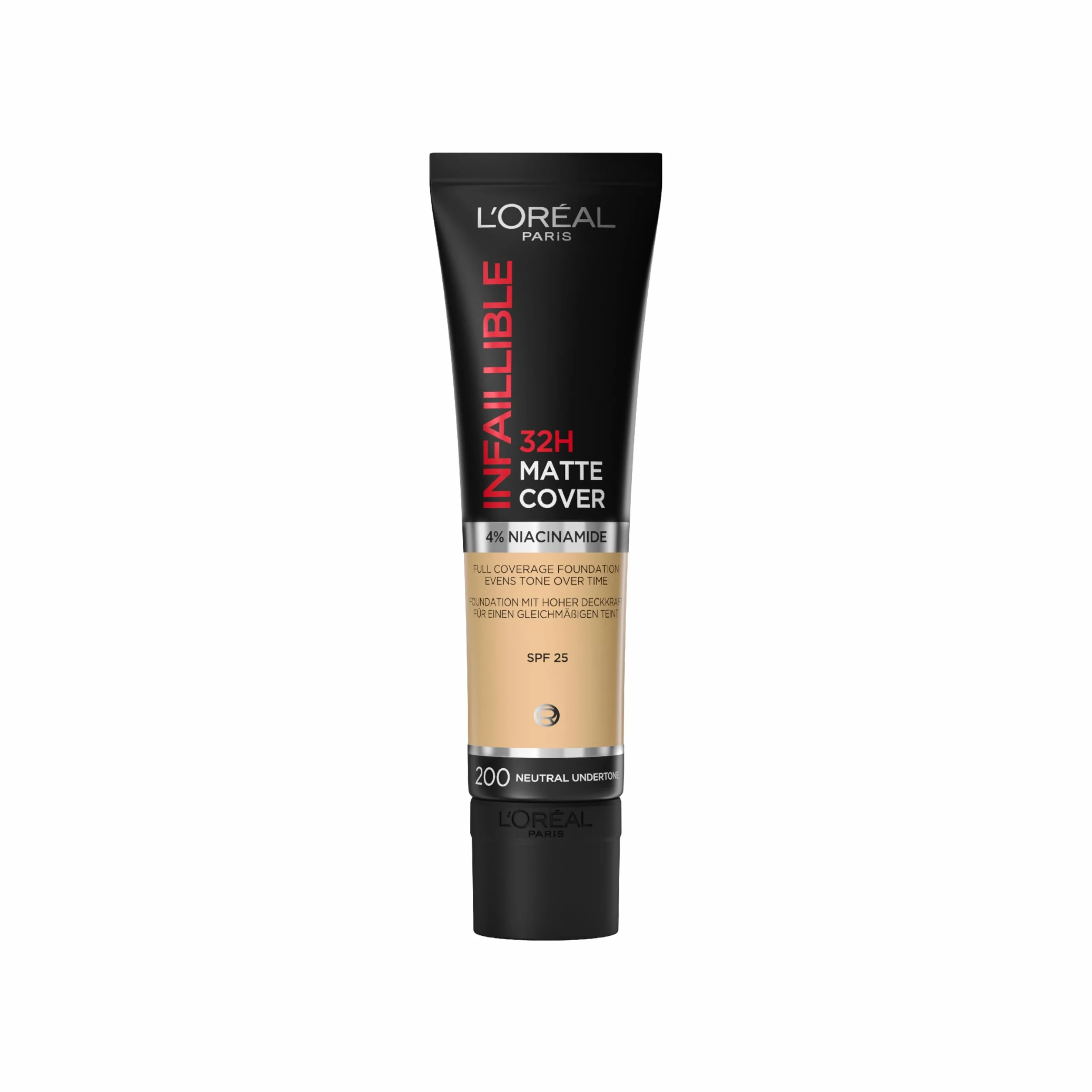 L'Oreal Paris Fondotinta, Infallible Matte Cover 24 ore 200 Golden Sand, a prova di sudore, resistente al calore, a prova di trasferimento e impermeabile, SPF 18, 30 ml