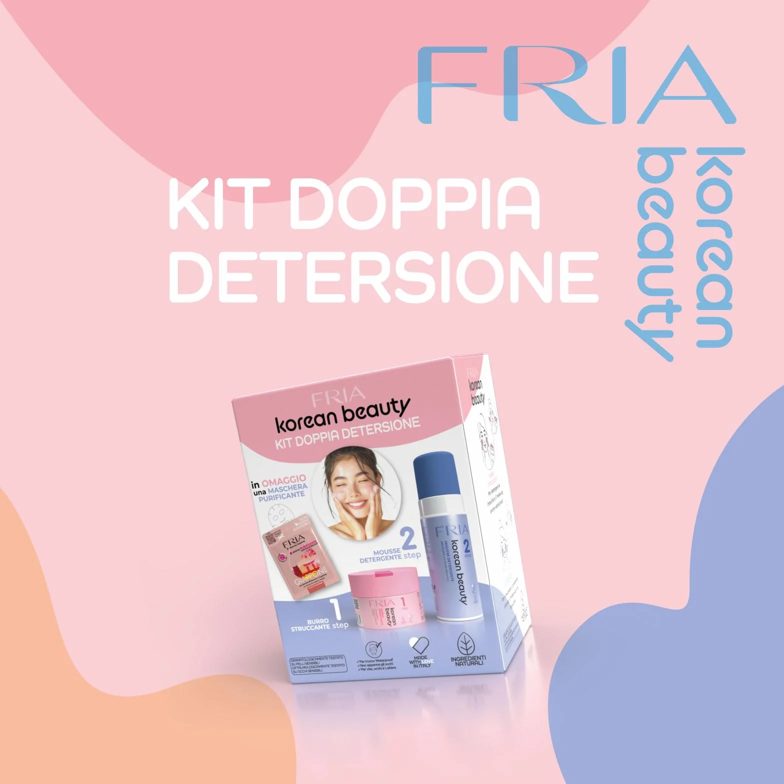 Fria Korean Beauty Kit Doppia Detersione, Burro Struccante Idratante Korean Beauty + Mousse Detergente Delicata Korean Beauty + Maschera Viso Purificante Fria Giappone in Omaggio