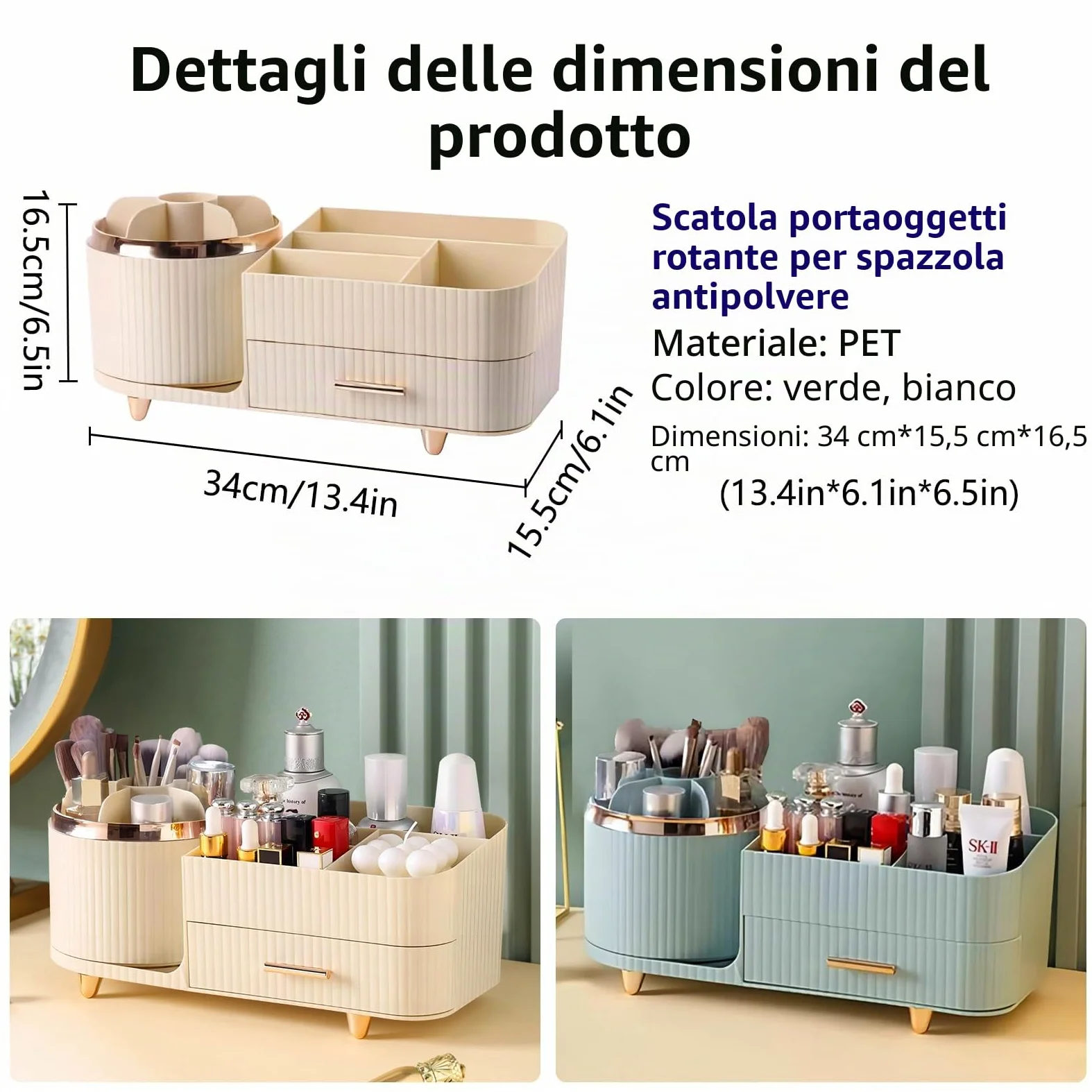 DASITON Organizer Trucchi Rotante a 360°, Porta Trucchi Organizer per Cosmetici con Cassetti,Organizzatore Trucchi di Grande Capacità, Porta Pennelli Makeup per Bagno, Camera da Letto (Crema)