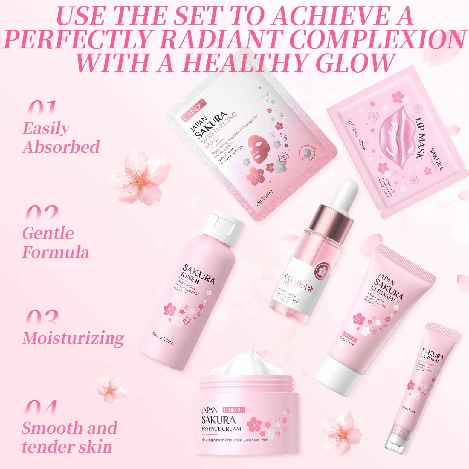 Kit per la Cura della Pelle Sakura 12 Pezzi,include Detergente, Tonico, Crema Viso, Maschera, Siero e Crema per Gli Occhi,Accessori,Set Skincare Viso Completo per Ragazze e Donne