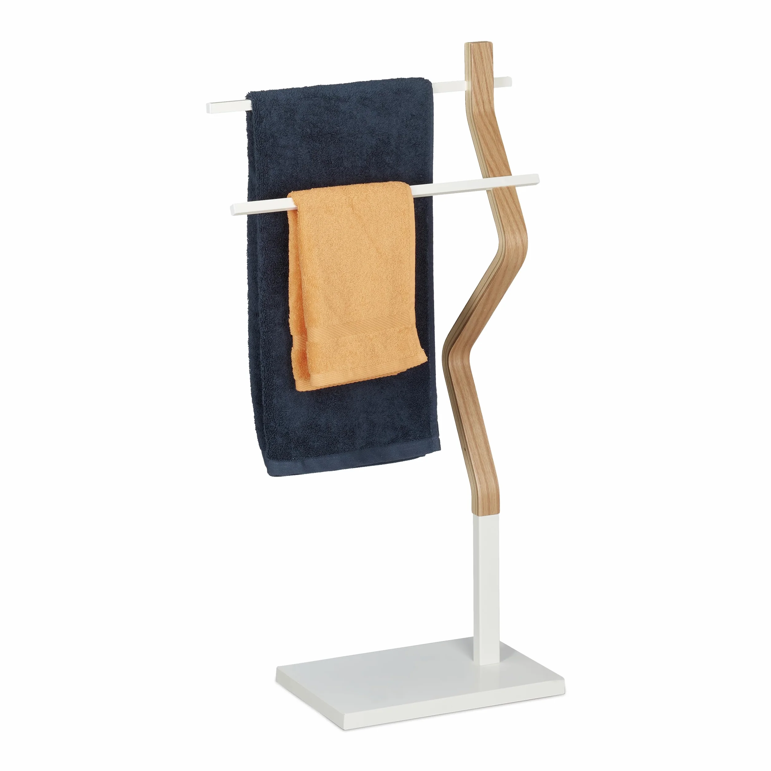 Relaxdays Portasciugamani da Terra a 2 Bracci, Legno e Metallo, Bianco Naturale
