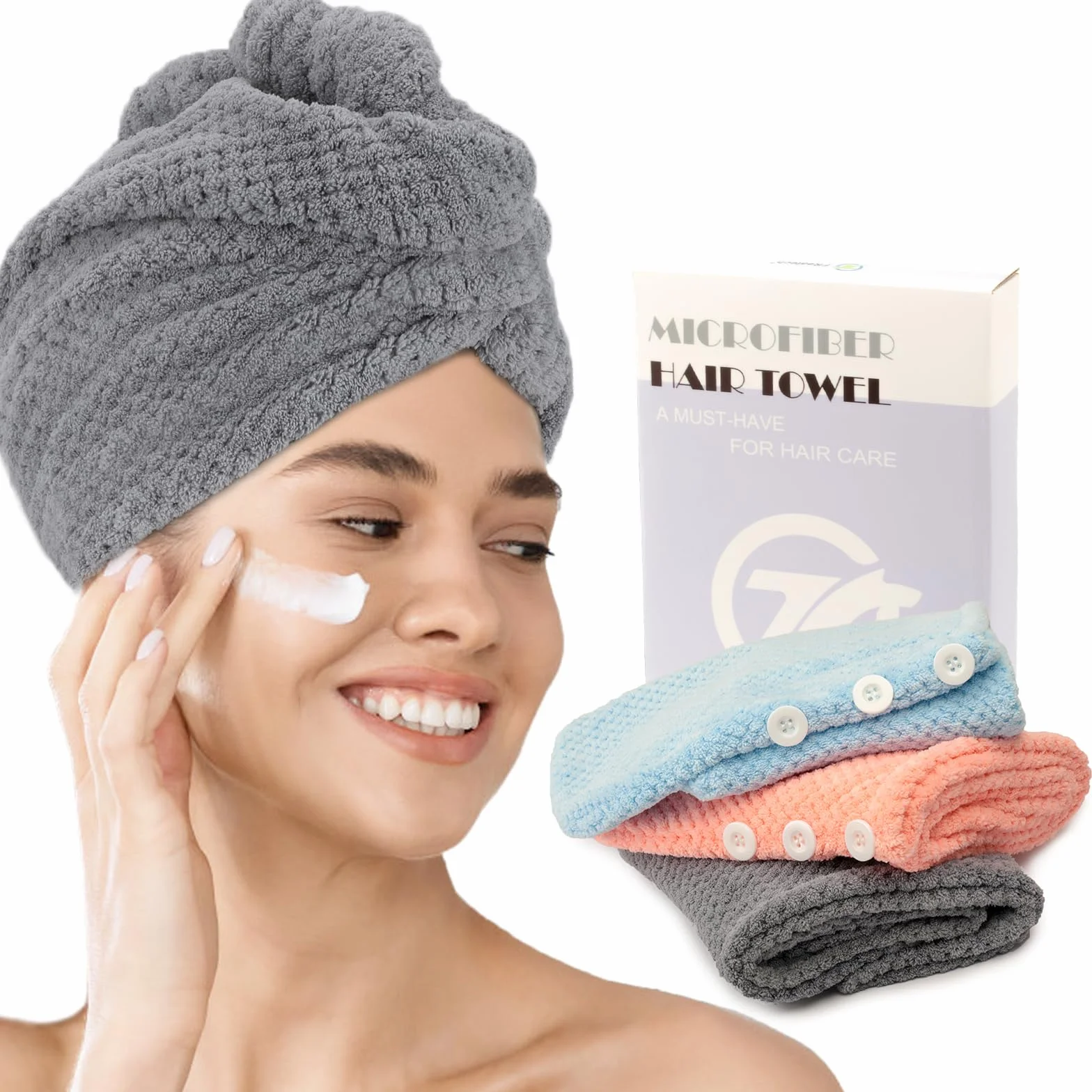 FREATECH Asciugamano Capelli in Microfibra con Texture Waffle, 3 Pezzi Turbante Asciugacapelli, Turbante Capelli Super Morbido e Assorbente con 3 Bottoni per Donna, Bambino, Capelli Lunghi Ricci