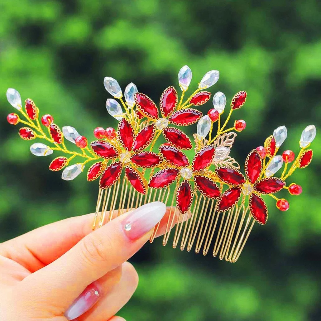 IYOU Sposa Nozze Pettine per Capelli Strass Rosso Pezzo di capelli Fiore Ballo Studentesco Festa Copricapo Accessori per Donne