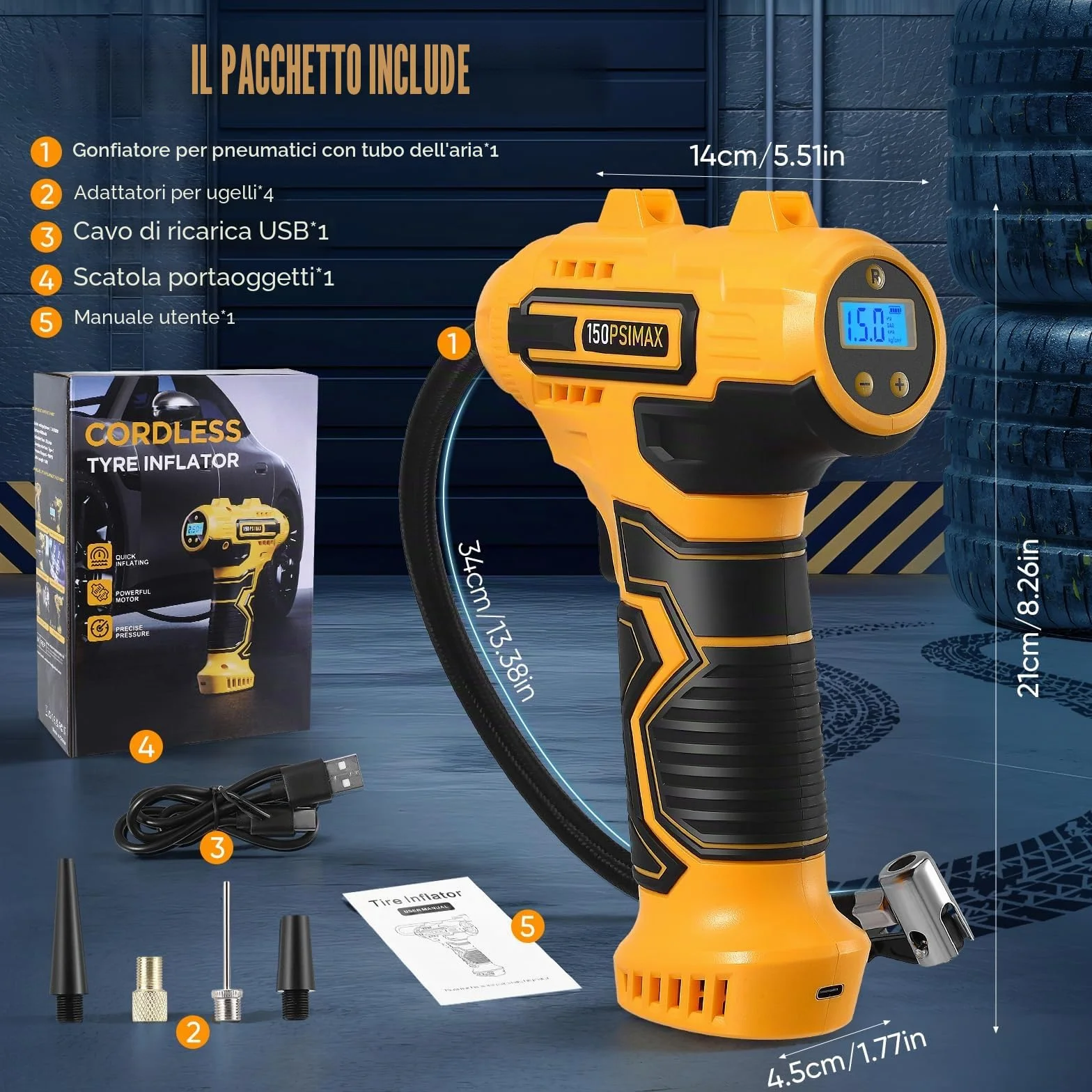 Pompa ad Aria Elettrica Compressore a Batteria per Bicicletta, Portatile, Display Digitale, Spegnimento Automatico, USB-C