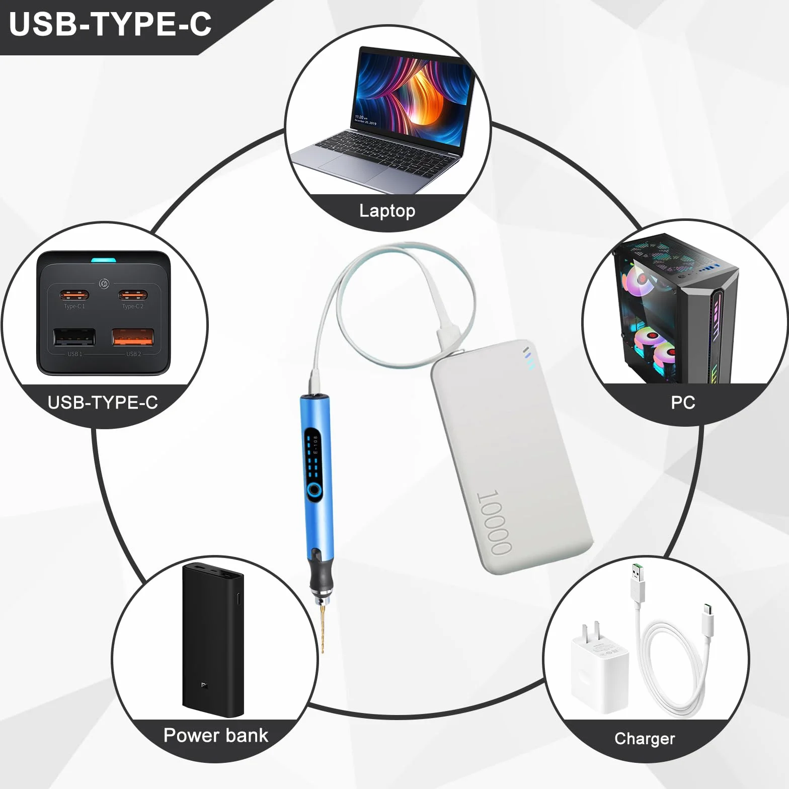 Mini perno elettrico a 3 marce senza fili USB ricaricabile per incisione con 10 trapani