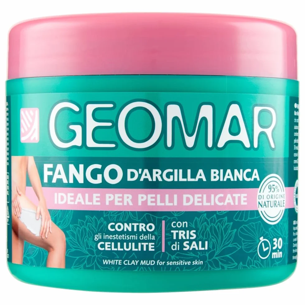 GEOMAR | Fango D'Argilla Bianca, Contro gli Inestetismi della Cellulite, per Pelli Delicate, 95% di Origine Naturale Con Tris Di Sali (Sale Marino, di Epsom e del Mar Morto), Made in Italy, 600 g