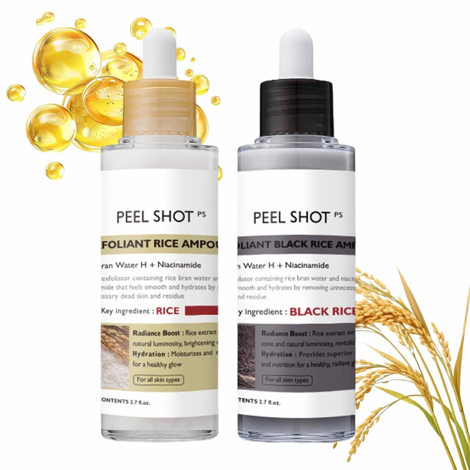 Siero Coreano Esfoliante al Riso, Peel Shot Glow Rice Ampoule Duo, Siero Esfoliante al Riso, Coreano Punti Neri Rimozione, Riduce Pori, Idratante e Illuminante, pelli sensibili (80ml* 2 Pack)