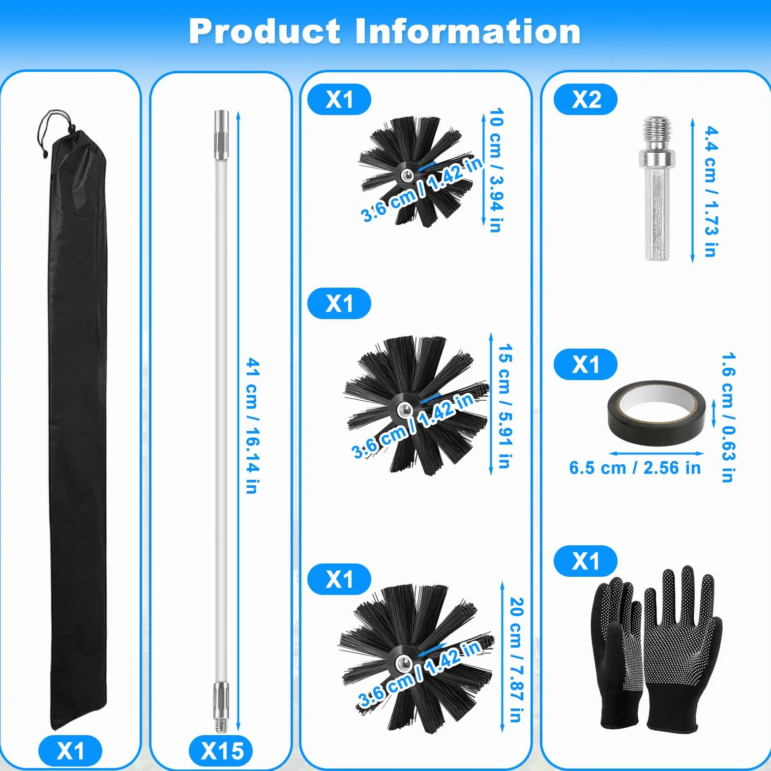 Kit Pulizia Canna Fumaria 23 Pezzi con 3 Teste Spazzola, 15 Aste Spazzole Flessibili 410mm, Scovolo Camino