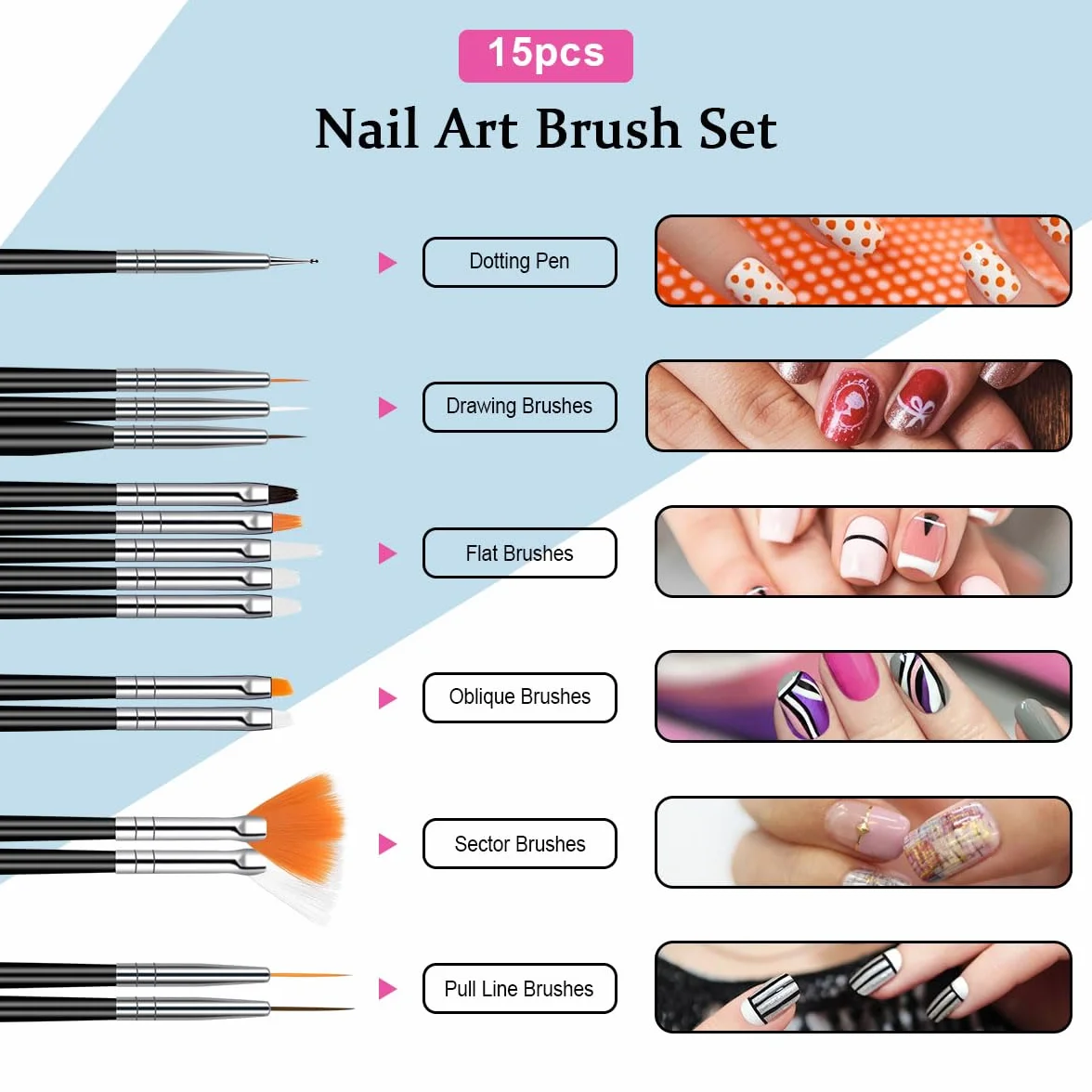 Nail Art Pennelli Unghie, 15 Pezzi Pennelli Unghie Gel e 5 Pezzi Dotter per DIY Disegno Decorazioni, Pennelli Nail Art Professionali per Disegnare DipingereLlinee e Fiori, Nero