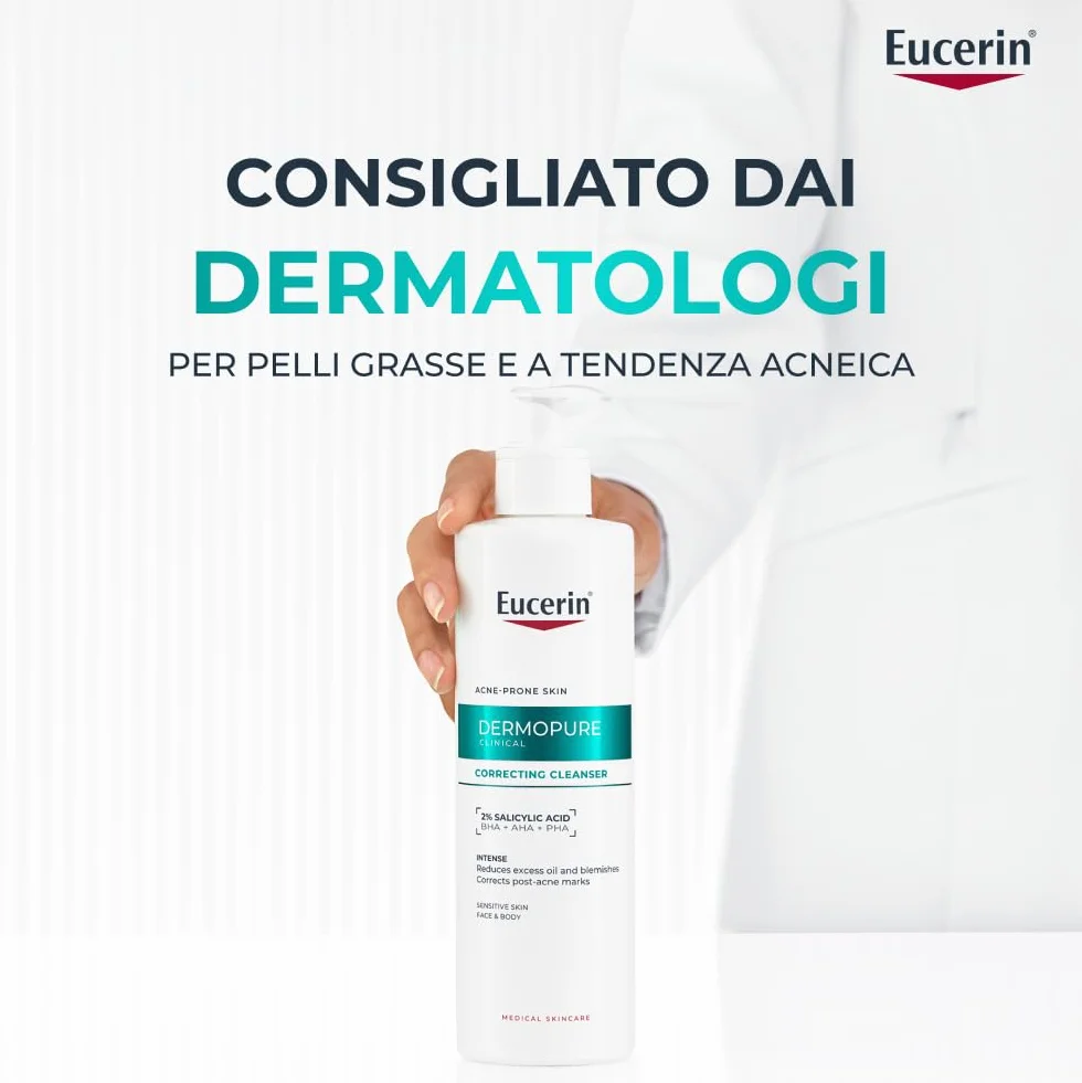 Eucerin DermoPure Clinical Detergente Viso Tripla Azione 400 ml, Detergente schiumogeno viso anti macchie, imperfezioni e lucidità con 2% Acido Salicilico per pelle grassa e a tendenza acneica