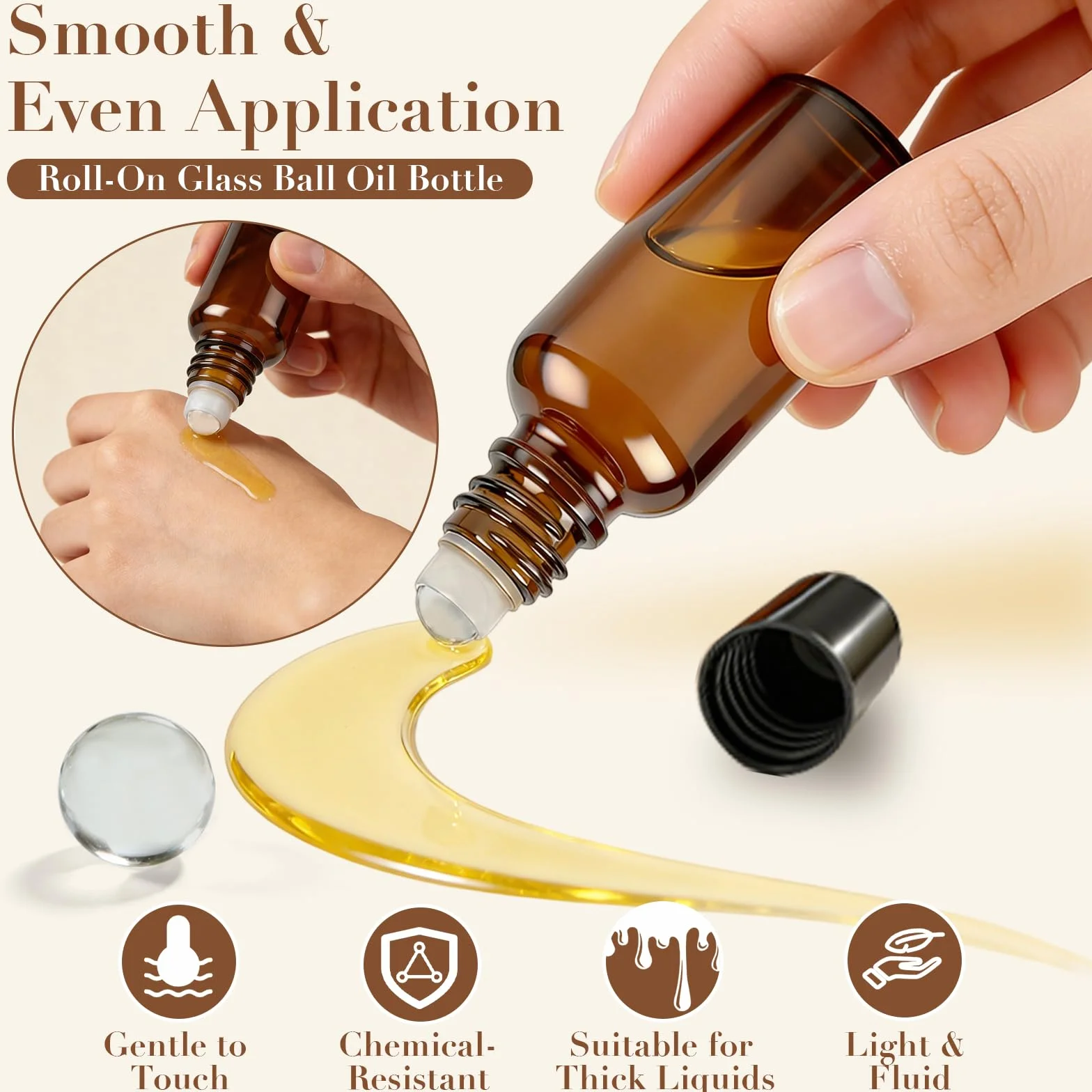 6 bottiglie di vetro rollon da 30 ml per olio essenziale, rollon bottiglia vuota, con sfera in vetro, ricaricabili in Rollon marrone con 6 accessori per profumo, massaggio, aromaterapia