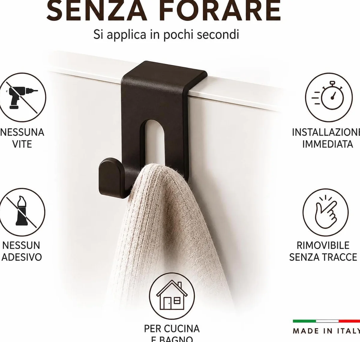 Ganci Sopra Anta Set 4 Pezzi – Gancio Senza Forare per Cucina Bagno – Porta Strofinacci Asciugamani – Ante fino 1,9 cm – Made in Italy BIANCO