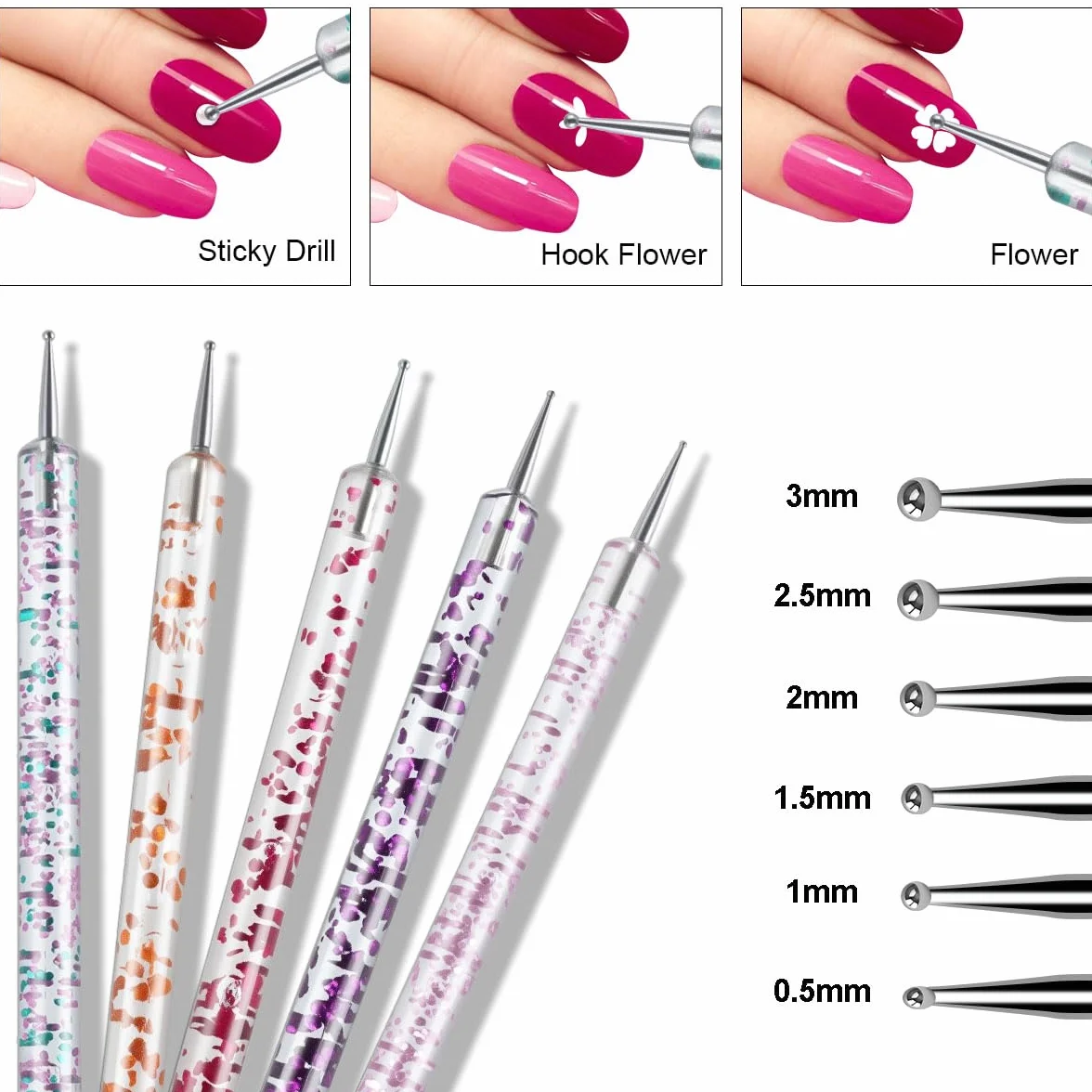 Nail Art Pennelli Unghie, 15 Pezzi Pennelli Unghie Gel e 5 Pezzi Dotter per DIY Disegno Decorazioni, Pennelli Nail Art Professionali per Disegnare DipingereLlinee e Fiori, Nero