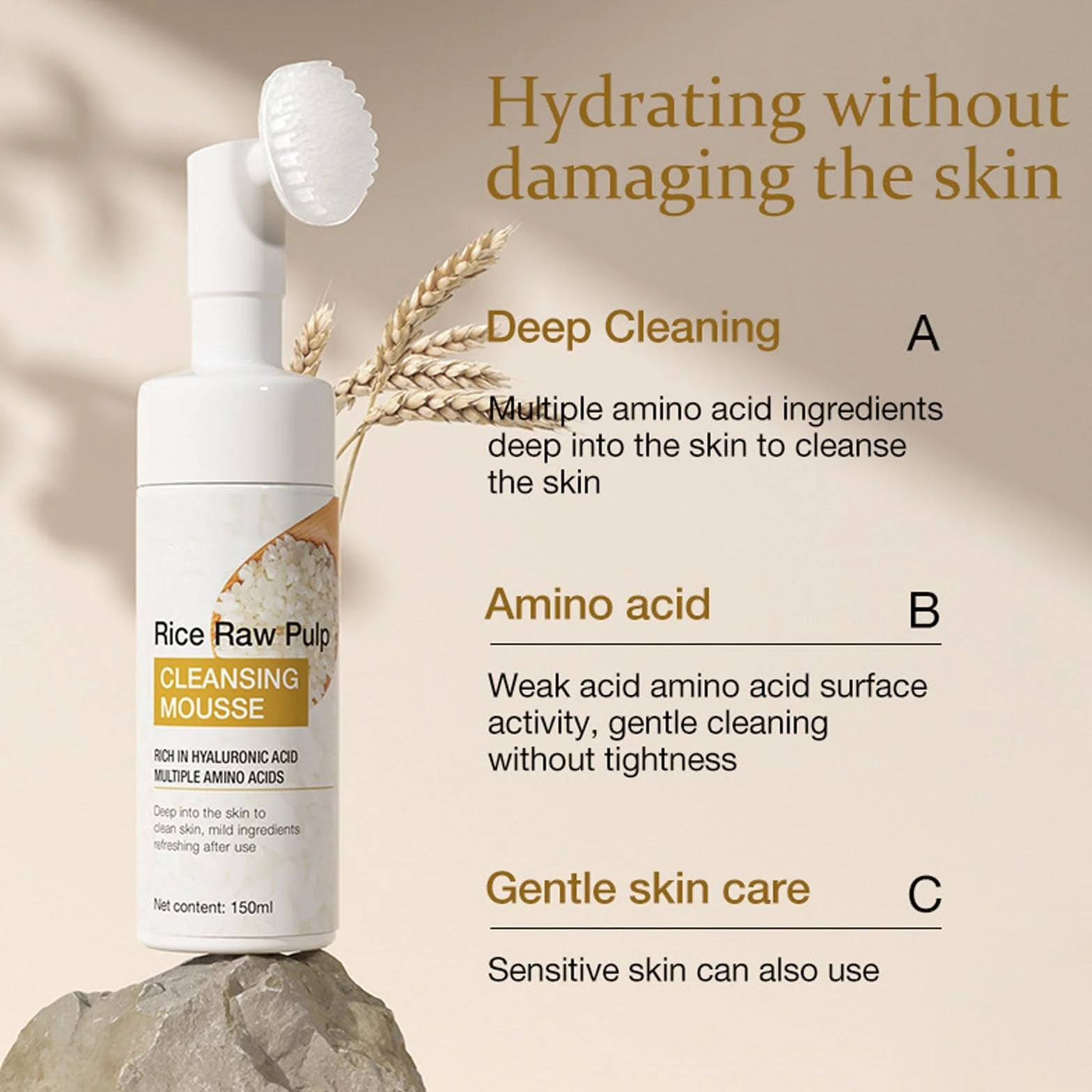 Detergente schiumogeno per riso, detergente esfoliante delicato per il viso con spazzola in silicone, detergente idratante profondo per il viso al riso, detergente nutriente e idratante per la cura