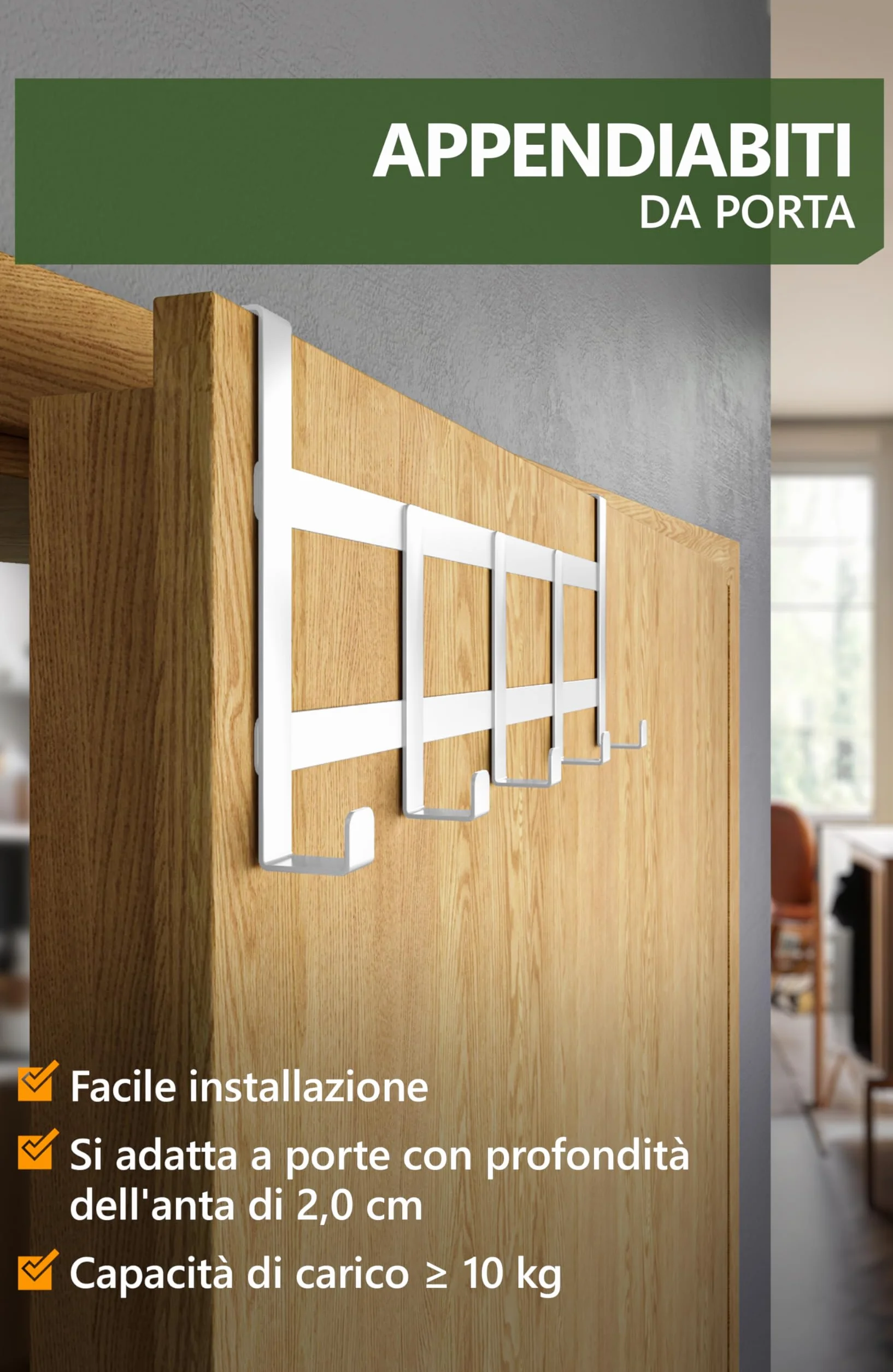 4smile Appendiabiti da porta inox salvaspazio, Bianco