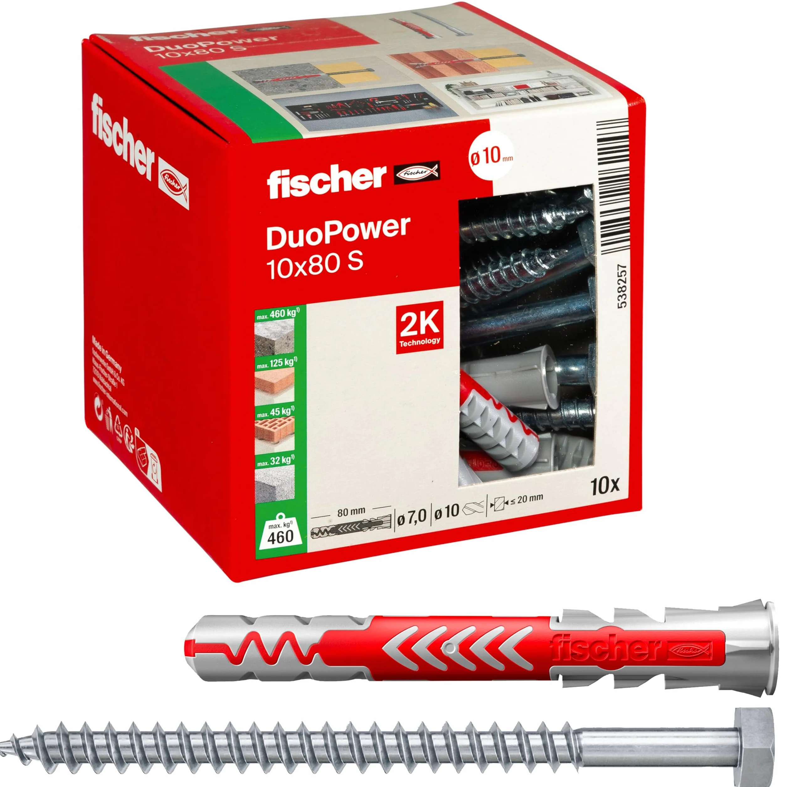 Fischer Duopower Tasselli Lunghi 10x80 mm con Vite Universali per Fissaggio Mensole Pensili Staffe TV