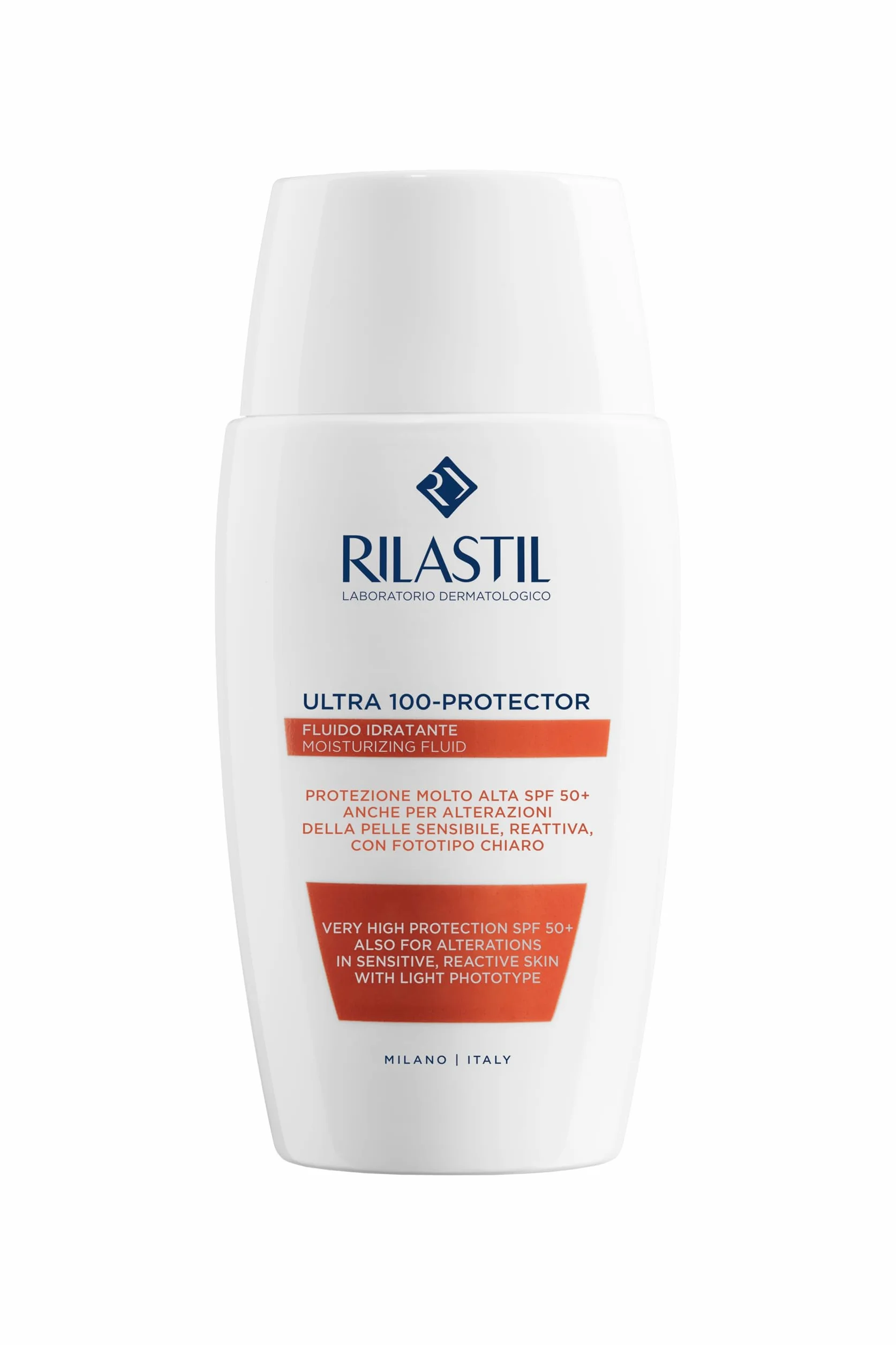Rilastil Fluido 100, Emulsione Fluida Idratante e Protettiva, Texture Ultraleggera, Resistente all'Acqua, per Pelle Sensibile, Confezione da 50ml