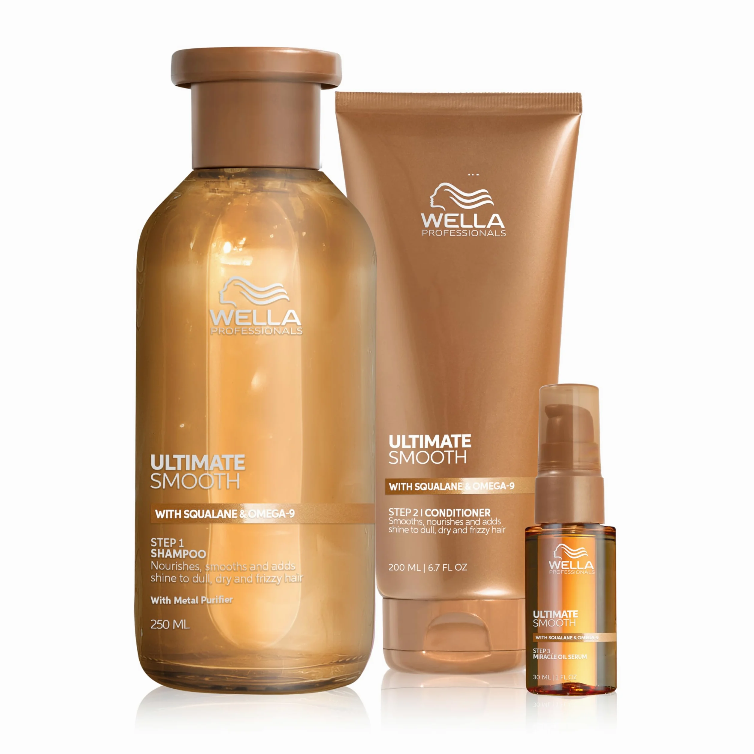 Wella Professionals Ultimate Smooth Shampoo, Conditioner e Miracle Oil Serum - con Squalano e Omega 9 - Ristrutturante Capelli Secchi, Opachi e Crespi (250 ml, 200 ml e 30 ml)