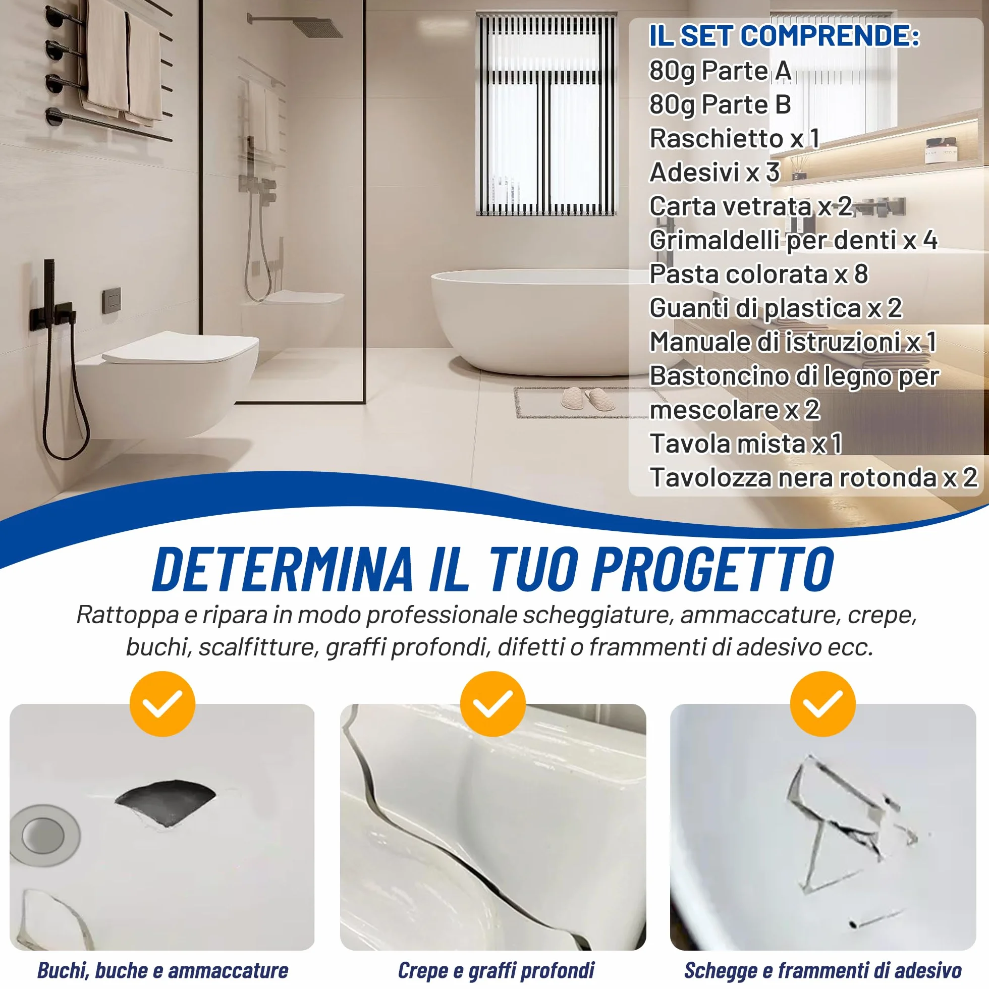 Kit Riparazione Vasca da Bagno Piastrelle Ceramica Acrilico - Multicolore