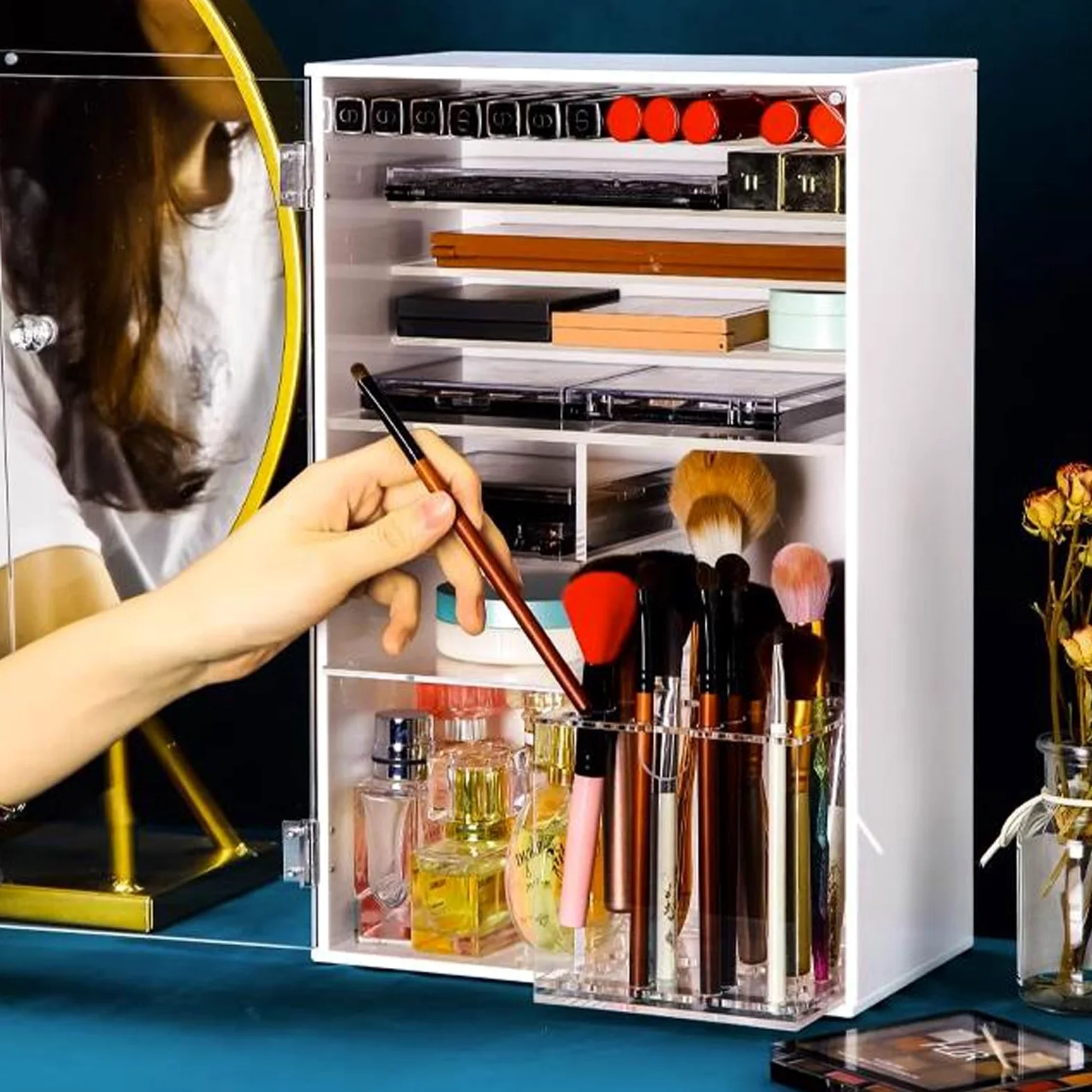 organizzatore per Il Trucco, organizzatore per Il Trucco in Acrilico, Contenitore per Cosmetici con divisorio Staccabile e Porta Trasparente, Contenitore per Il Trucco, Rossetti, pennelli