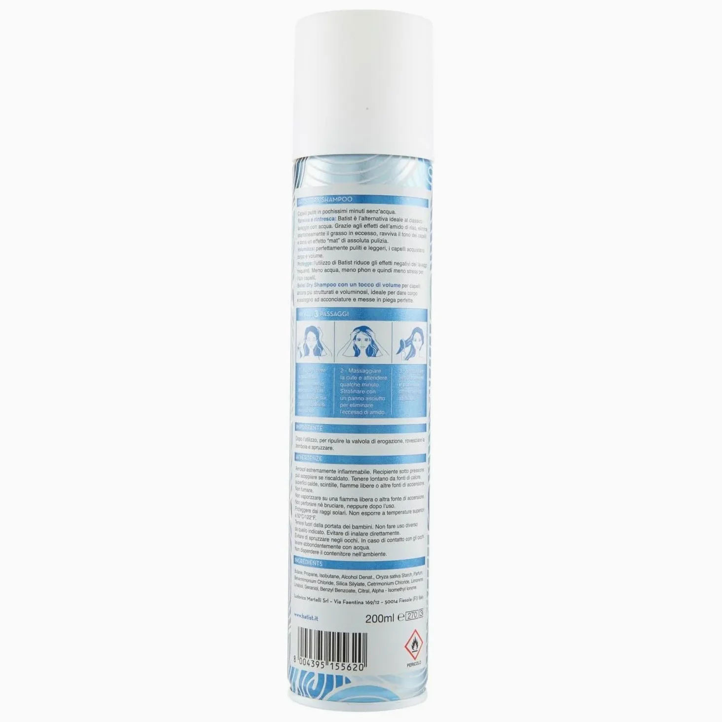 3 x shampoo Batist Volume Dry Shampoo secco per capelli strutturati e voluminosi in 3 minuti, senza acqua, per tutti i capelli, 200 ml + portachiavi Beni Culinari gratuito