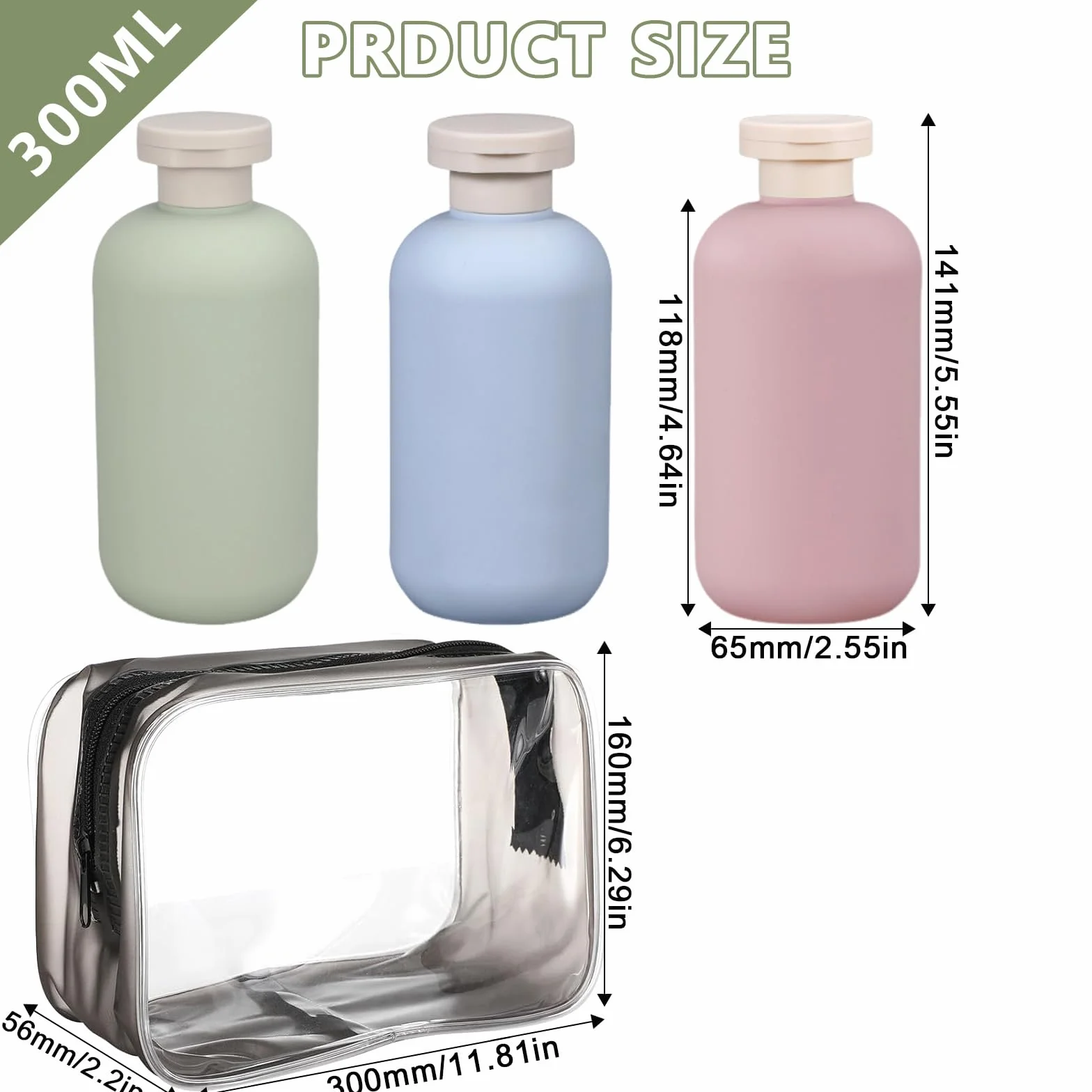 3 Pezzi Bottiglie da Viaggio in Silicone 300ml Contenitori da Viaggio Kit Viaggio Liquidi con Borsa da Toilette e Etichetta,Boccette da Viaggio per Shampoo e Balsamo Liquidi