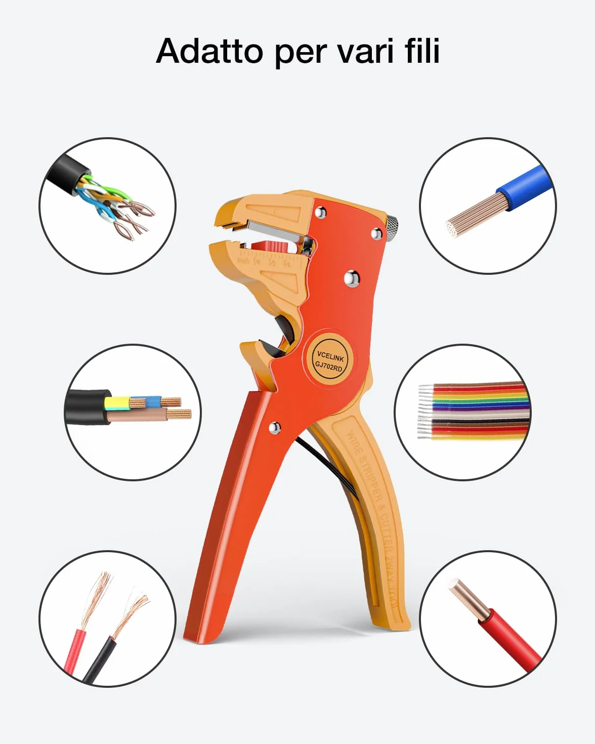 VCELINK Pinza Spelafili Automatica 2 in 1 Lama Mn65 Spelatura 0,2-6 mm² Taglio 0,08-8 mm Rosso/Arancione