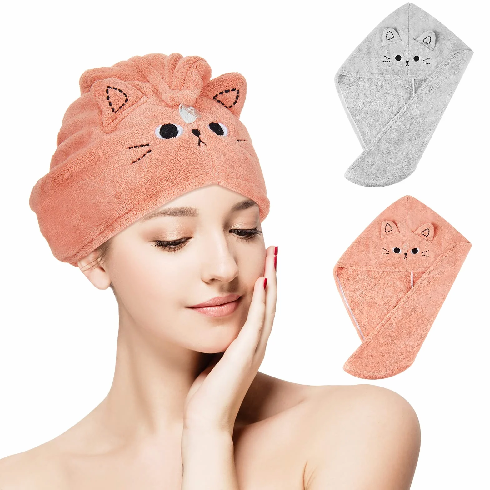 Tatuo 2 Asciugamano per Capelli in Microfibra Asciugatura Rapida da Doccia Asciugamano Turbante Carino Avvolgere la Testa per Donna Bagno Mare Piscina(Rosa Scuro, Blu-Grigio,Gatto)