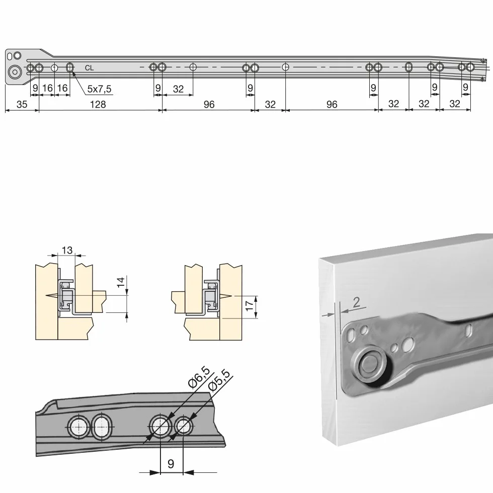 Emuca Guida-Binario con Cuscinetti a Rulli per Cassetto Bianco 500 mm Set 5