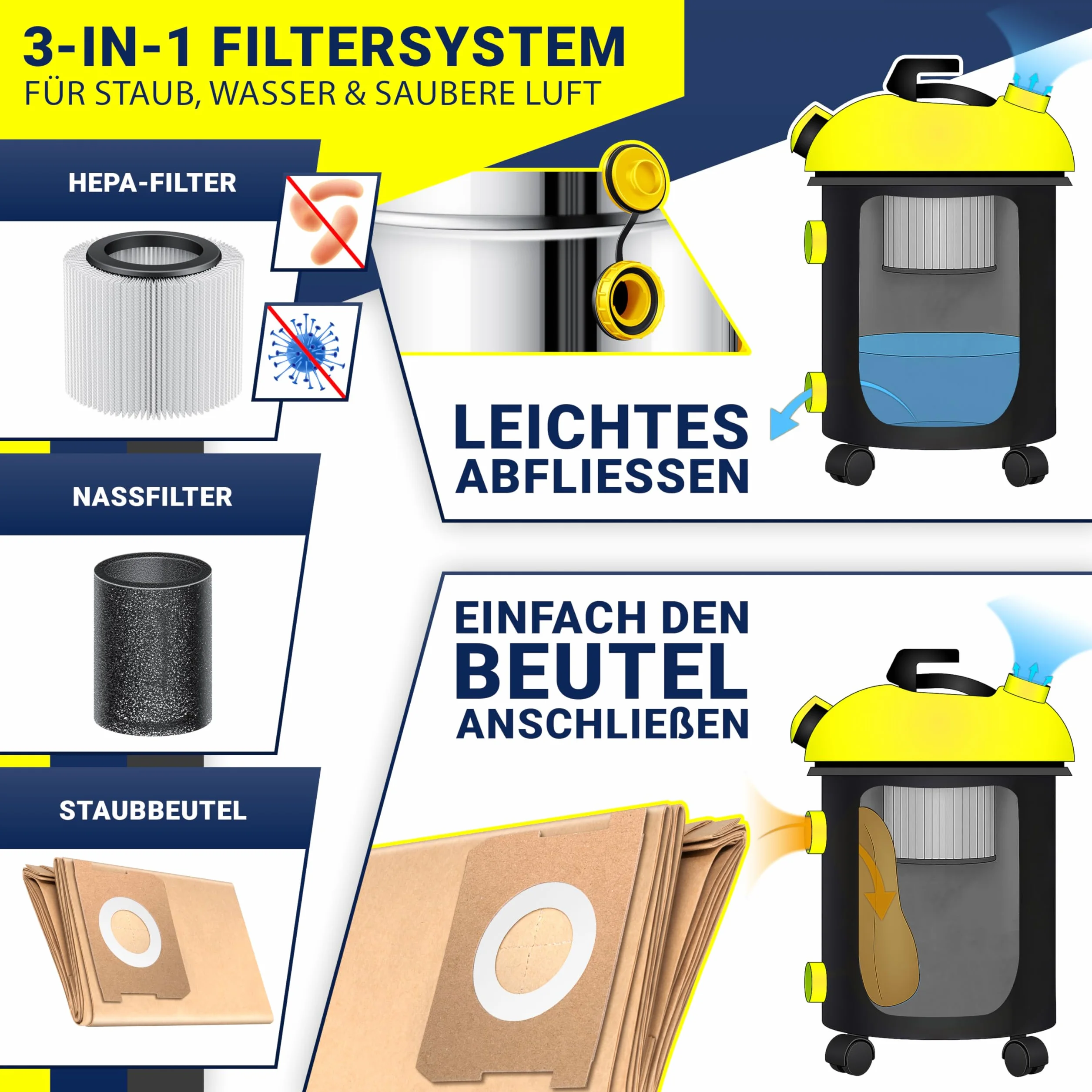 Masko Aspirapolvere industriale acciaio inox 2300 W presa corrente aspirazione secco umido soffiaggio Push&Clean Giallo