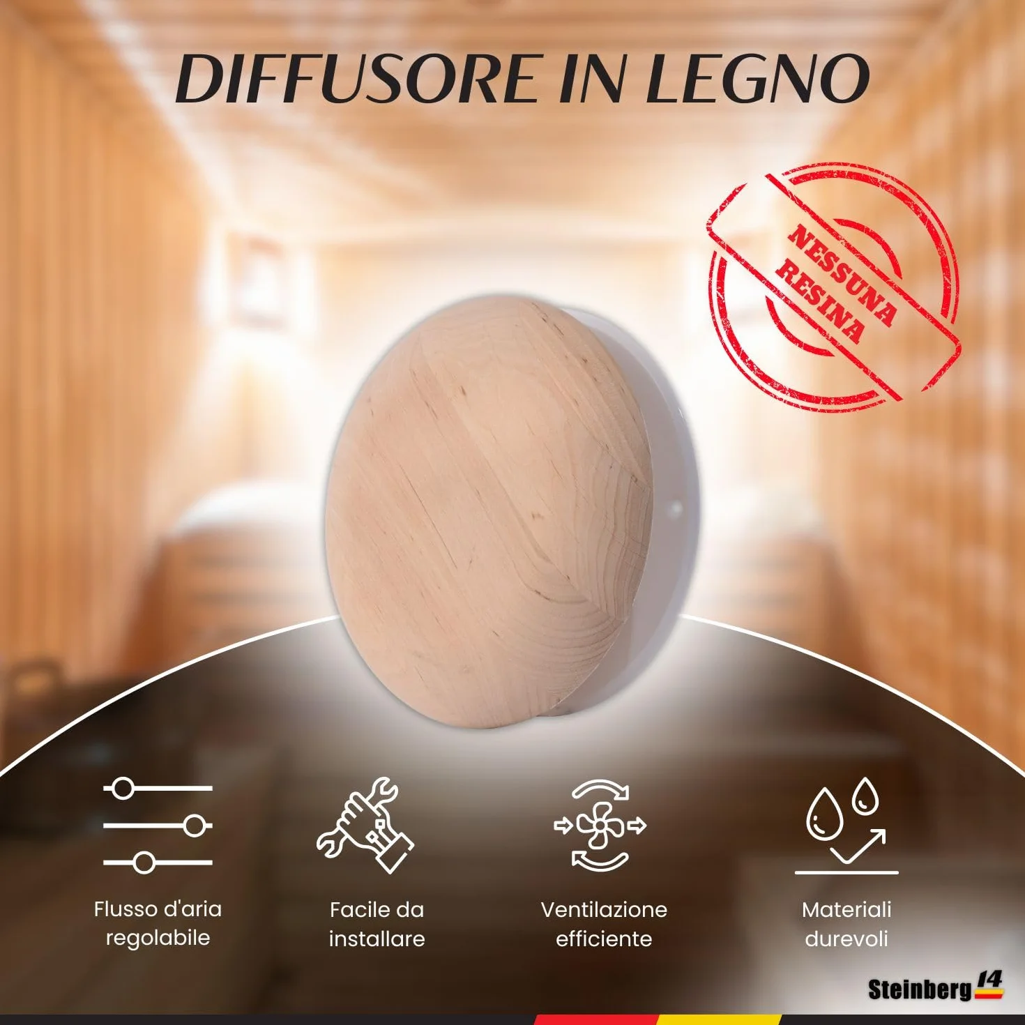 Steinberg14 Diffusore in Legno per Sauna 125mm Griglia di Ventilazione Valvola a Disco Regolata Copertura Condotto Rotondo
