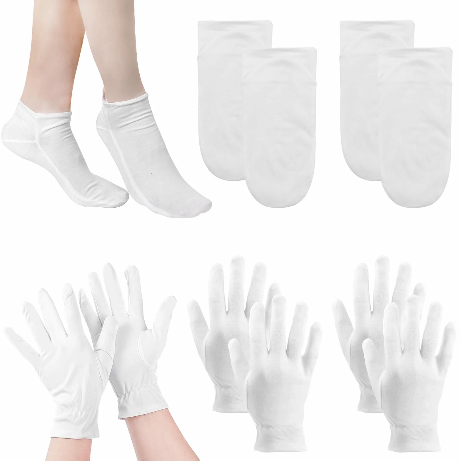 Guanti in Cotone Bianchi e Ccalzini Idratanti per Piedi Set, Riutilizzabili 2 paia Guanti in Cotone Bianco e 2 paia Calze Idratanti in Cotone per le Donne Eczema Mani Secche Cura Della Pelle e del Spa