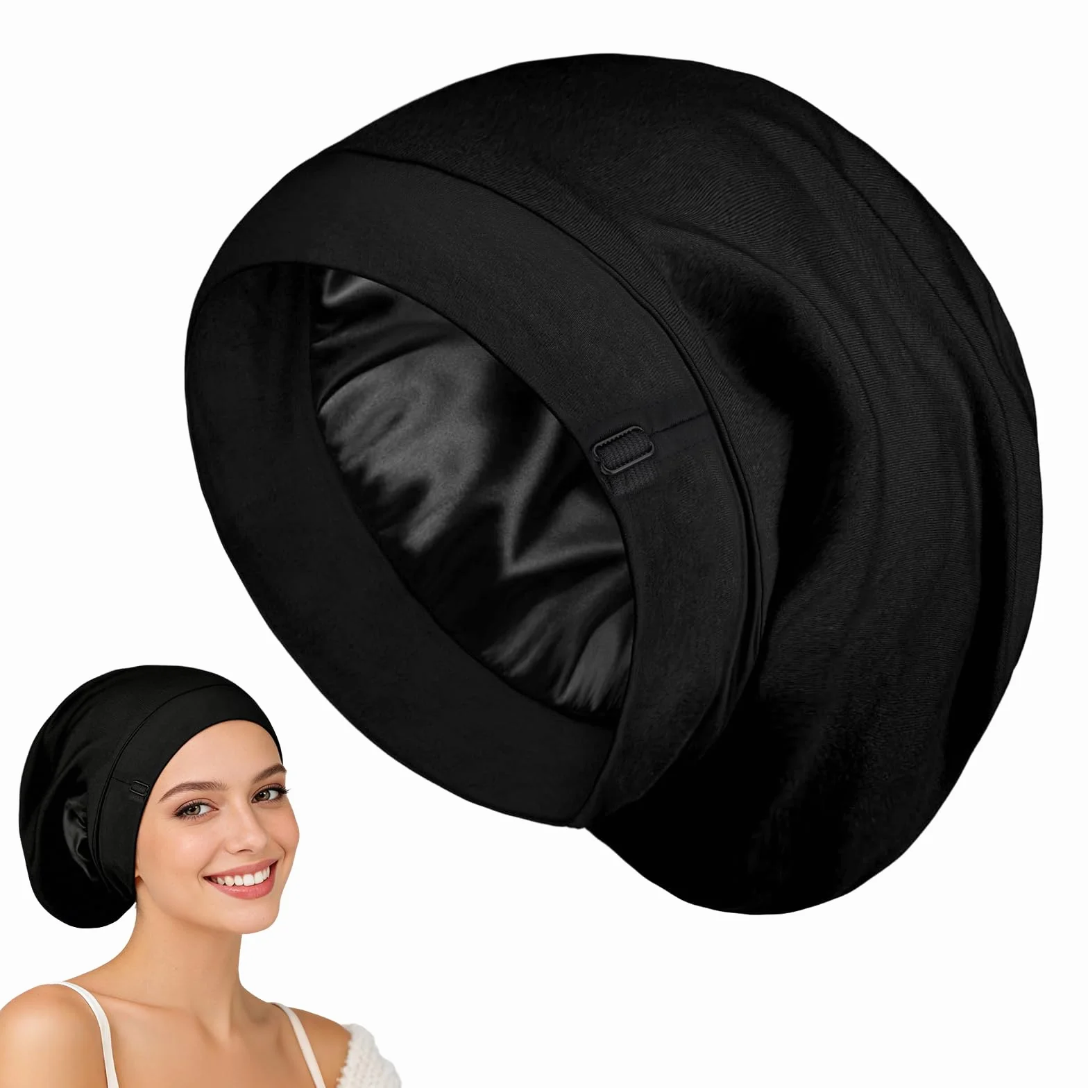 Notoke Cuffia in seta per dormire, nera satinata con fodera in seta, cappuccio per capelli ricci, cappello per dormire regolabile, per donne e ragazze, cura dei ricci di notte