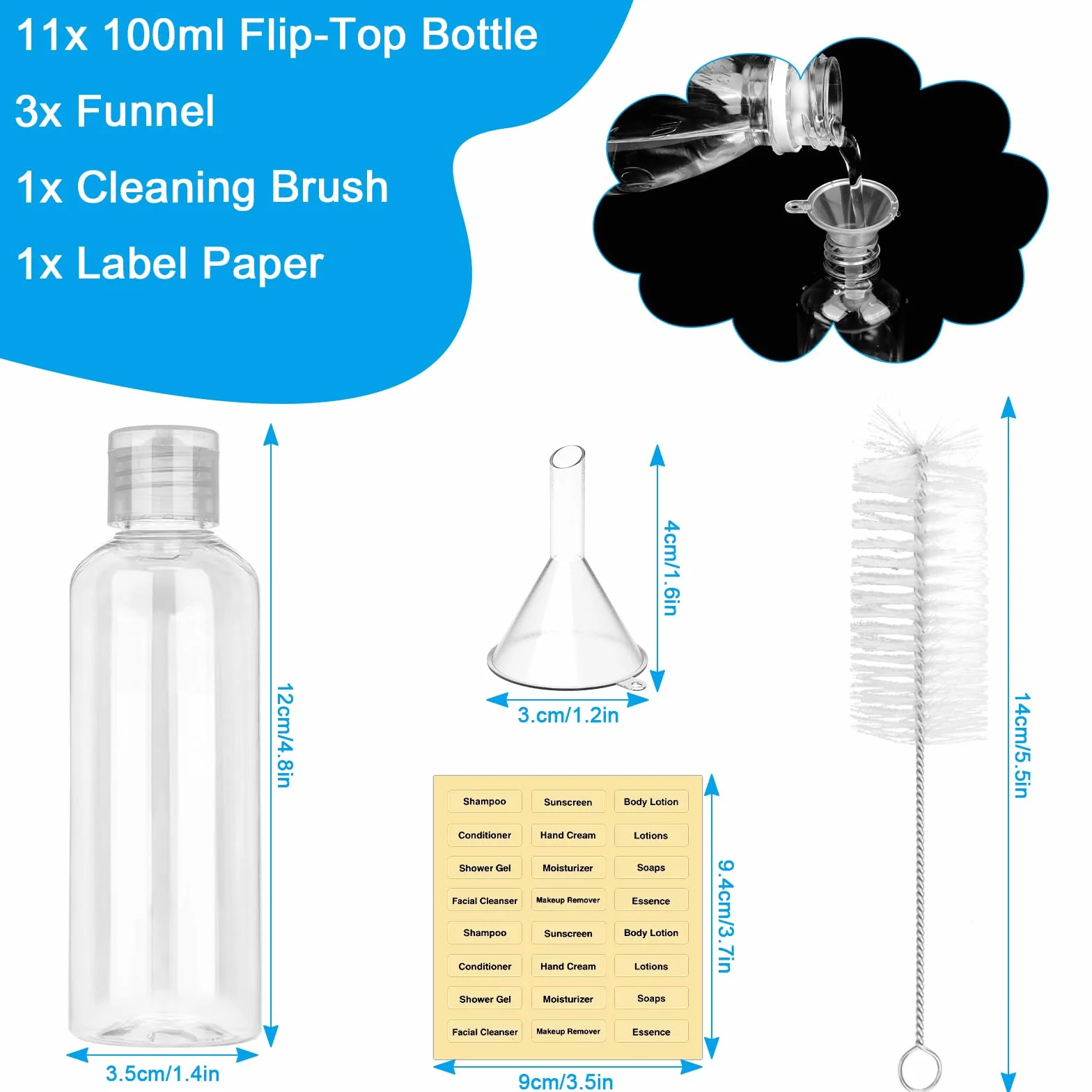 Coicok 11 Pezzi Flaconi da Viaggio 100 ml, Viaggio Accessori Utili con 3 Piccoli Imbuti, Trasparente Bottiglie da Viaggio con Etichette e Spazzola Pulita, Contenitori da Viaggioper per Liquide Shampoo