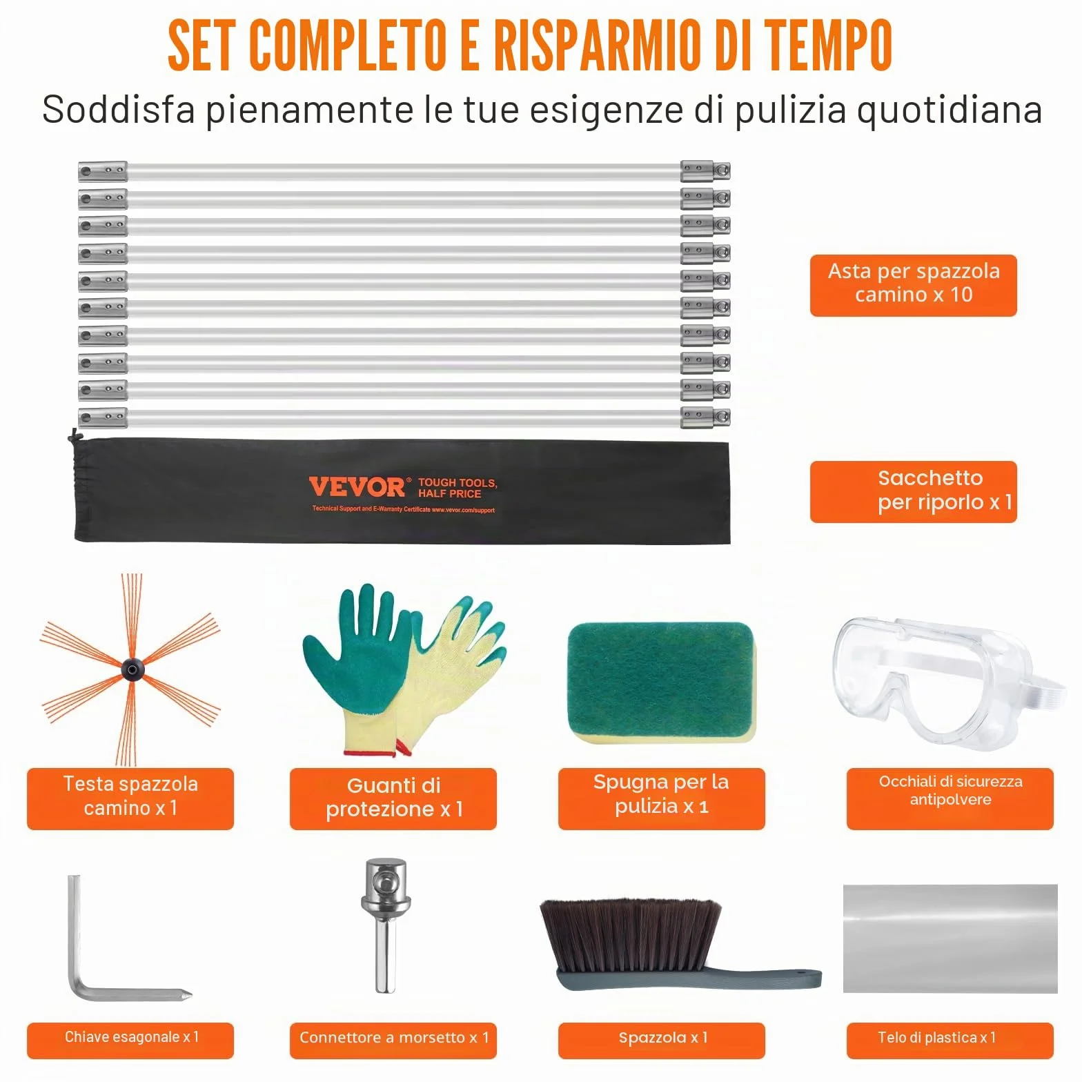 VEVOR Kit Spazzacamino per Stufa a Pellet 10 m, Spazzola per Pulizia Canne Fumarie Girevole 360°, 10 Aste Flessibili in Nylon