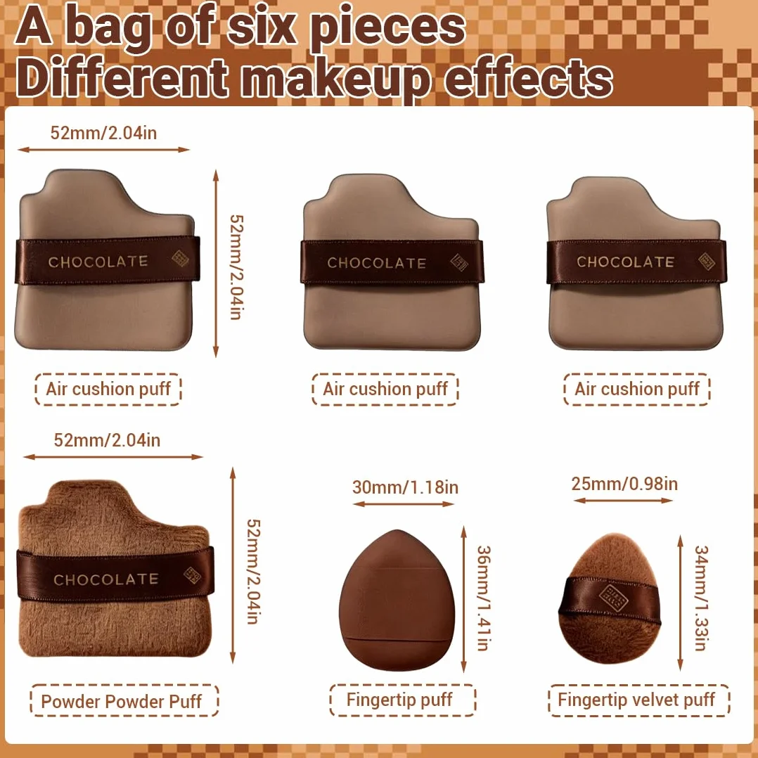 Piumini da Cipria, 6 pezzi, Chocolate powder puff, Wet and Dry Foundation Sponge Cushion Puffs, Tamponi per Cipria, Adatto per Cipria, Fondotinta, Blending, Concealer, per il Corpo Morbido