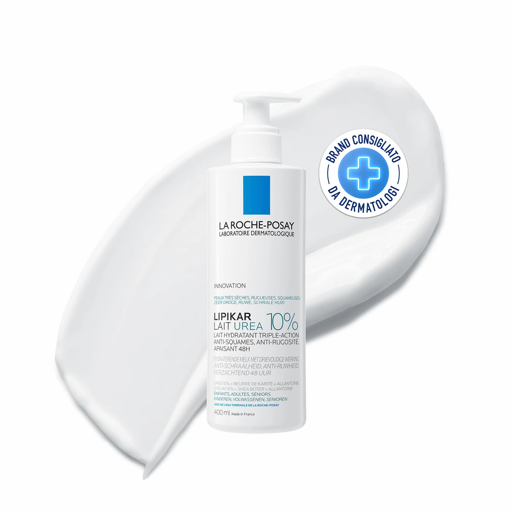 La Roche-Posay Lipikar Latte Urea 10%, Latte Corpo Idratante, Adatto a Pelle Secca e Desquamata, Azione Anti-Arrossamento, Effetto Levigante e Setificante, Formula con Urea 10%, 400ML