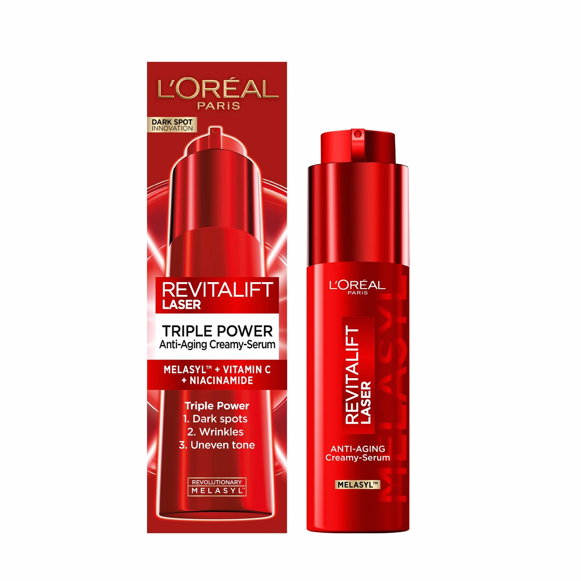 L'Oréal Paris Siero in Crema Anti Età Tripla Azione su Rughe, Macchie e Luminosità, Con Vitamina C, Niacinamide e Melasyl, Revitalift Laser Melasyl, 50ml