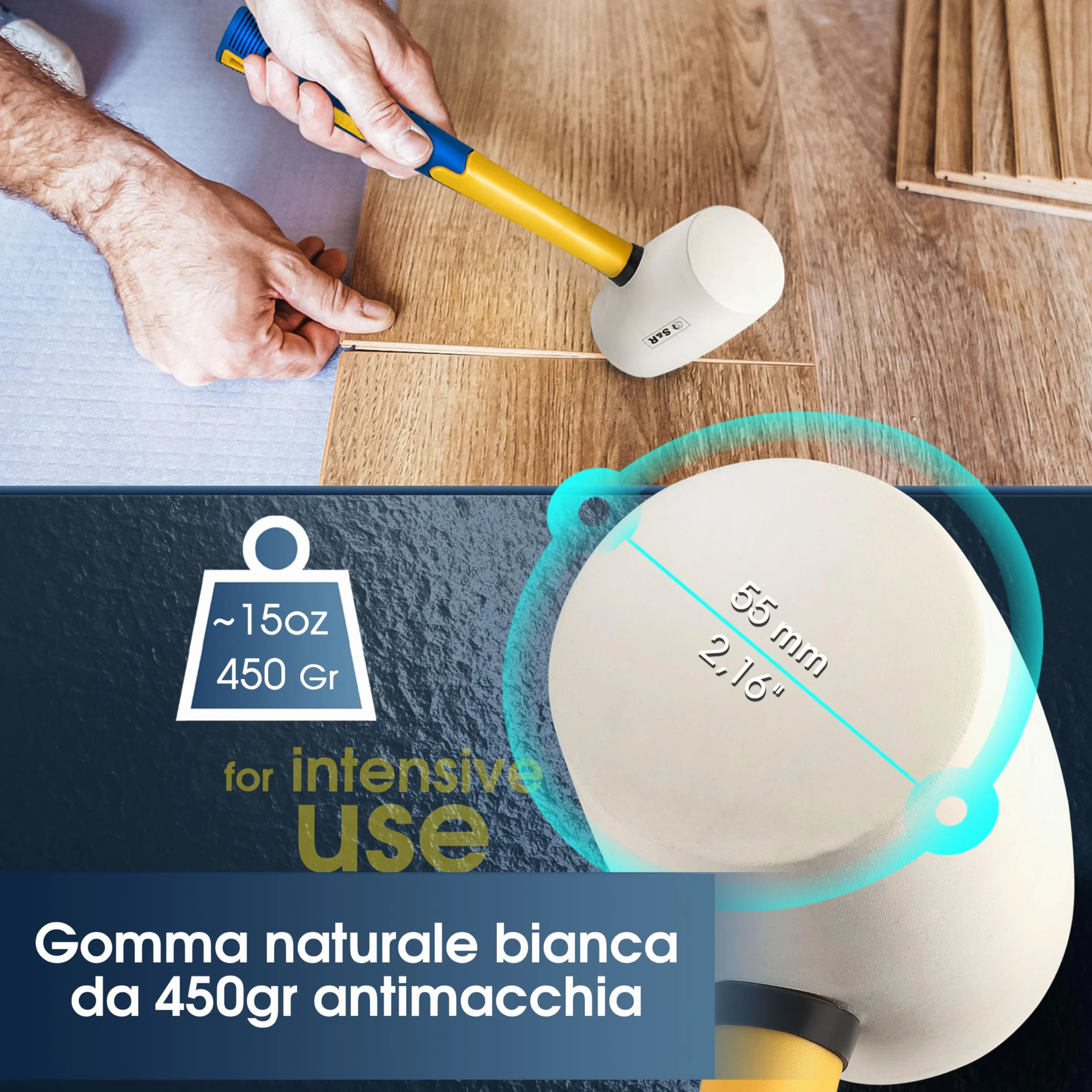 S&R Martello Gomma Bianco 450g 55mm Naturale Professionale per Piastrelle Antivibrazioni