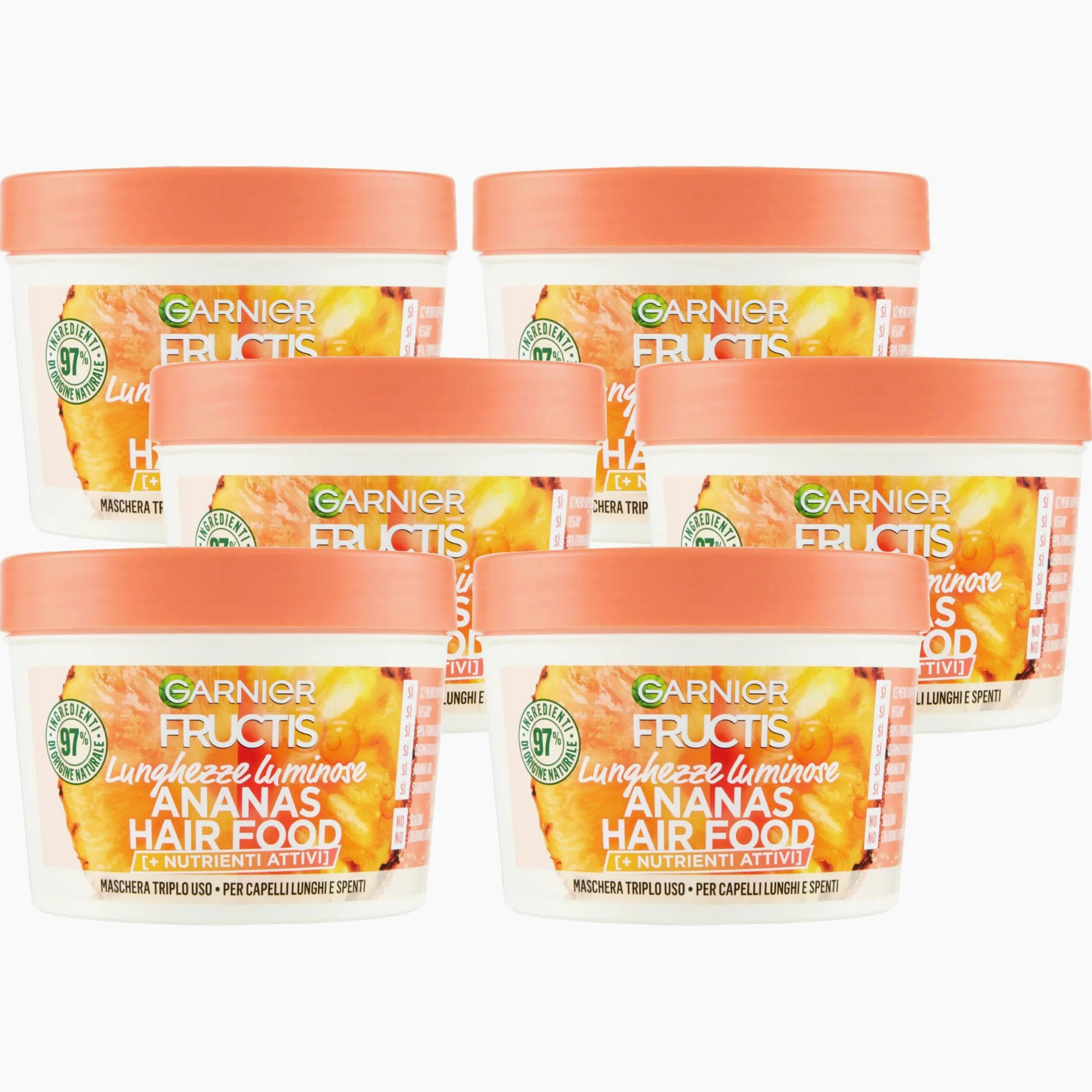Maschera Triplo Uso, Utilizzabile come Balsamo, Maschera o Trattamento Senza Risciacquo. Ananas Hair Food, Per Capelli Lunghi e Spenti, Lunghezze Luminose, +Nutrienti Attivi 390ml (6 Barattoli)