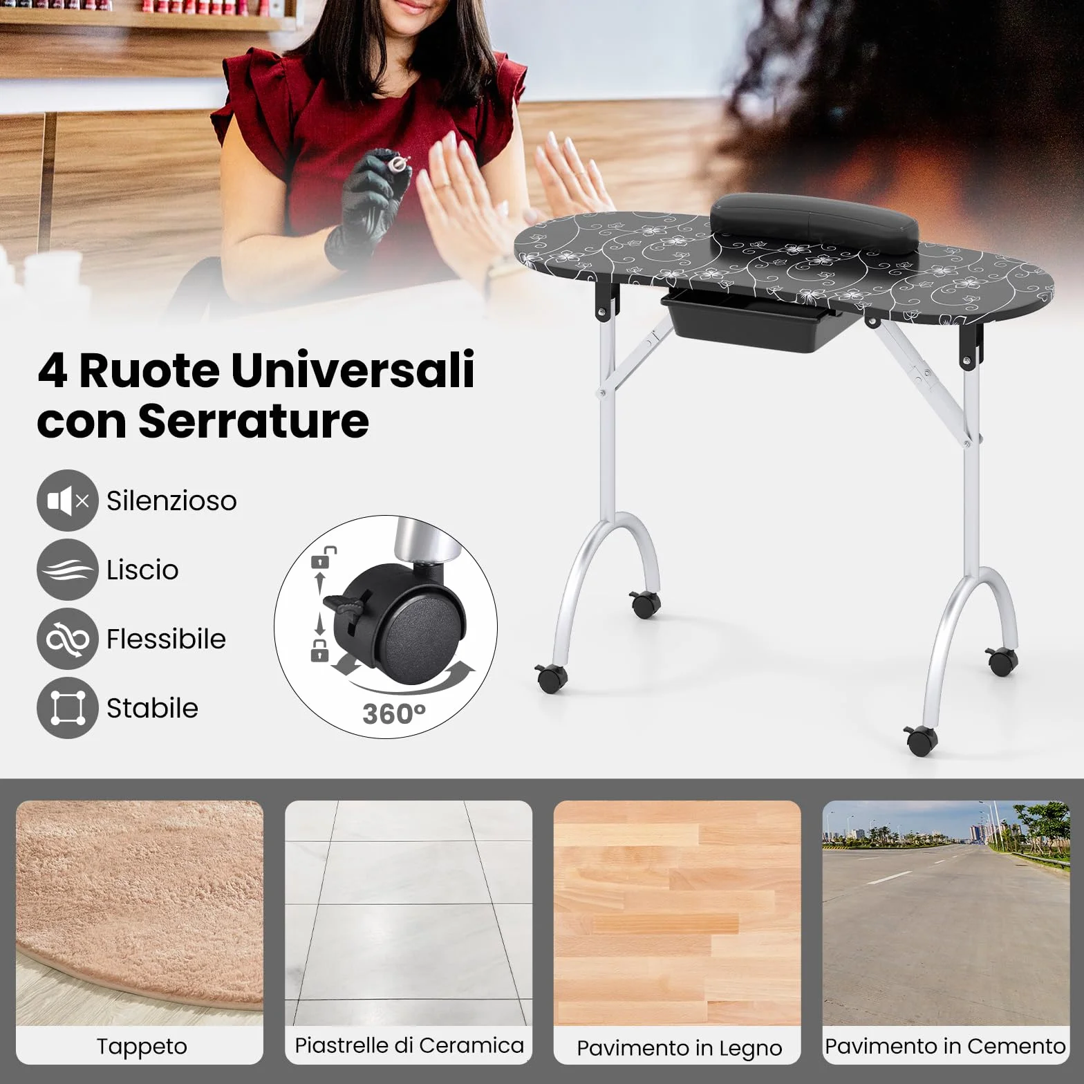 COSTWAY Tavolo Manicure Pieghevole, Tavolo Unghie Estetista Portatile con Ruote, Cassetto, Cuscino Poggiapolsi e Borsa