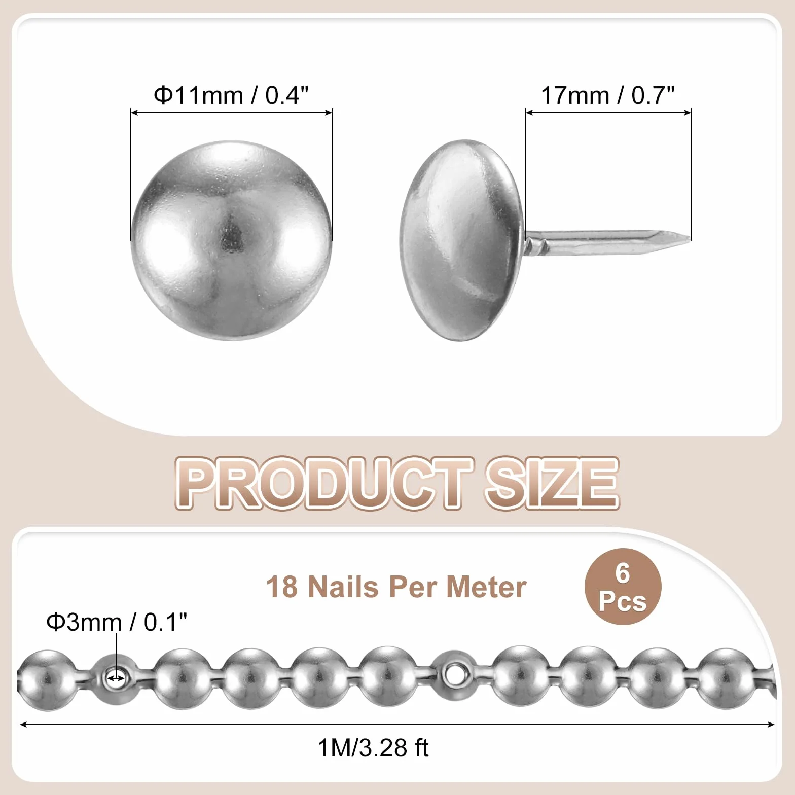 QUARKZMAN 6 Pezzi Strisce Borchie Tappezzeria Decorative D11mm Argento Per Mobili Divano