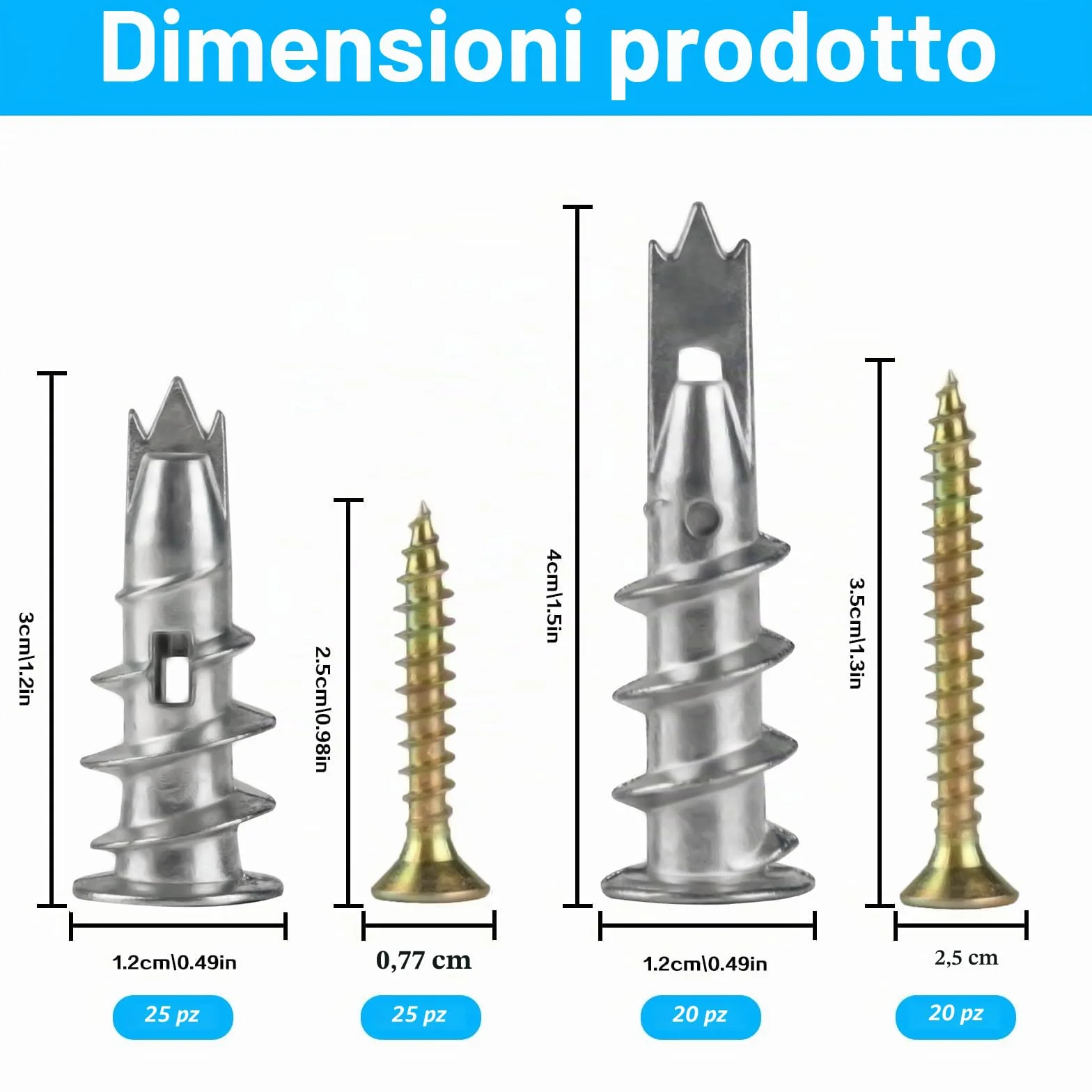 Tasselli Autofilettanti in Metallo per Cartongesso 90 Pezzi M4 Impieghi Gravosi