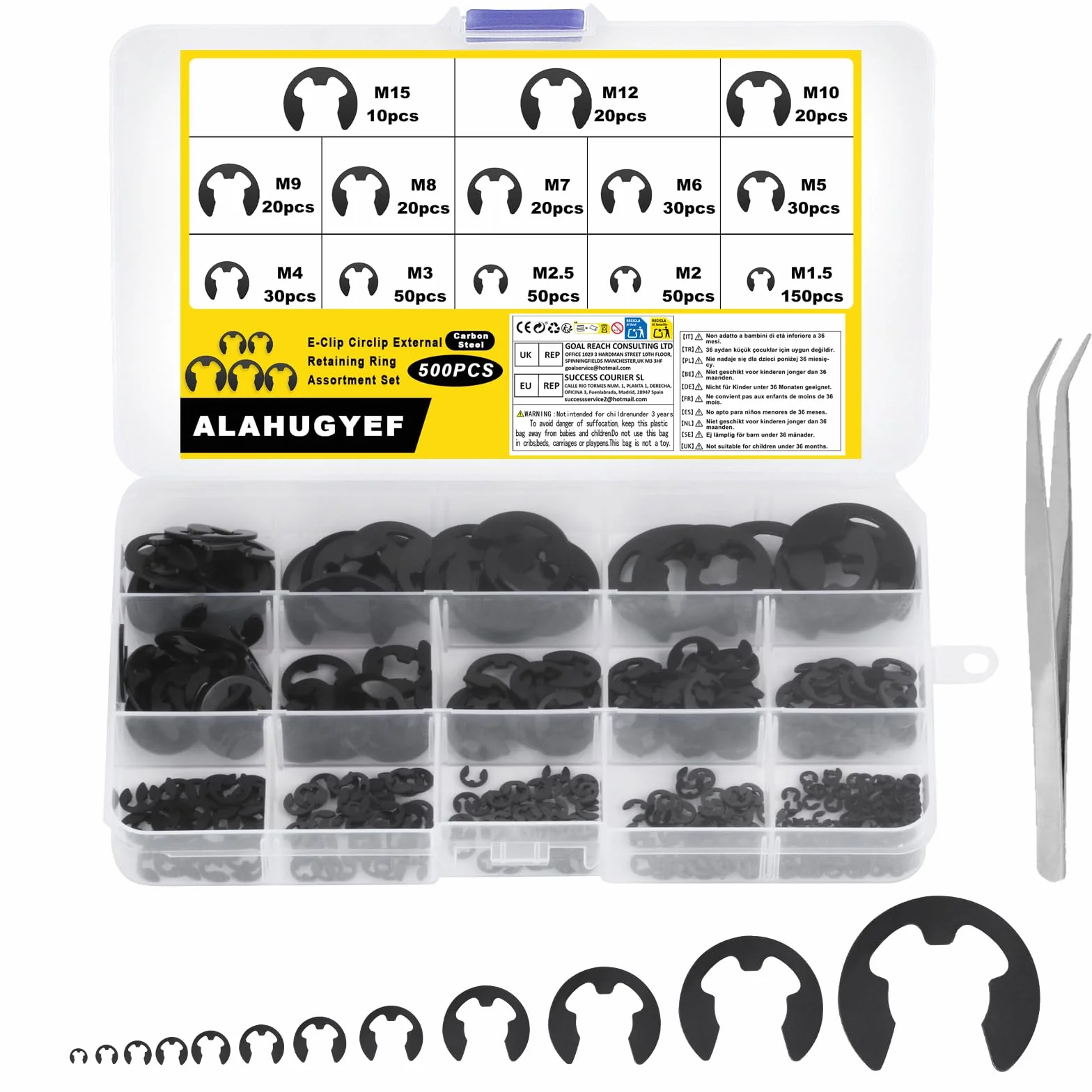 Set di 500 Ritenzione E-Clip, Anello di Fissaggio Interno ed Esterno, Kit di Anelli a Scatto, 13 Dimensioni